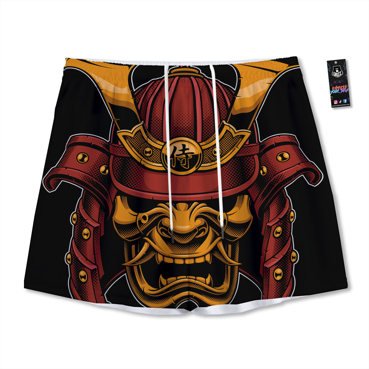 Mask Samurai Warrior Print Mesh Shorts