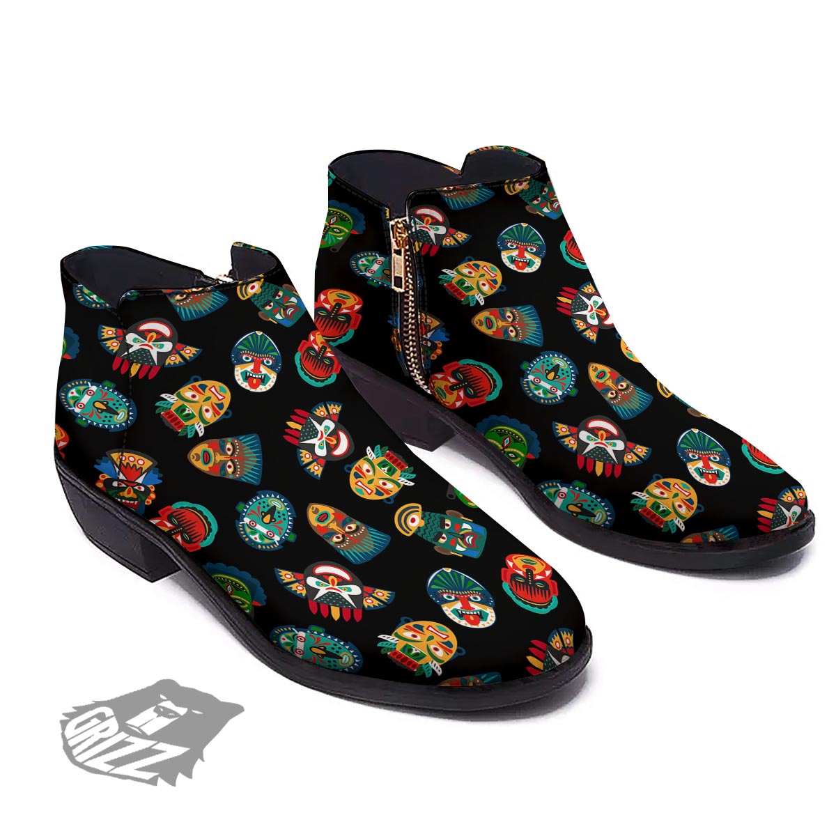 Mask Tribal Tiki Print Pattern Ankle Boots-grizzshop