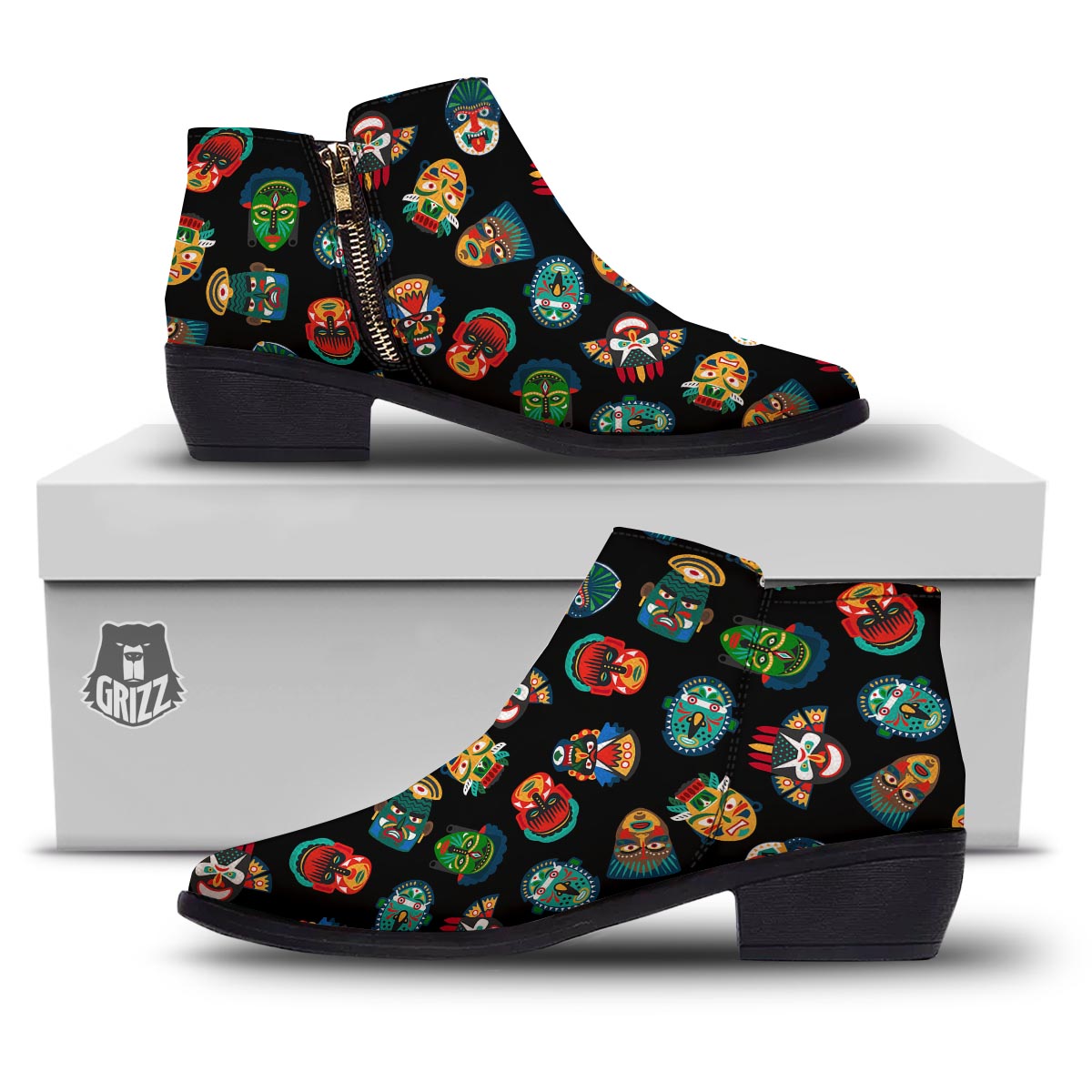 Mask Tribal Tiki Print Pattern Ankle Boots-grizzshop