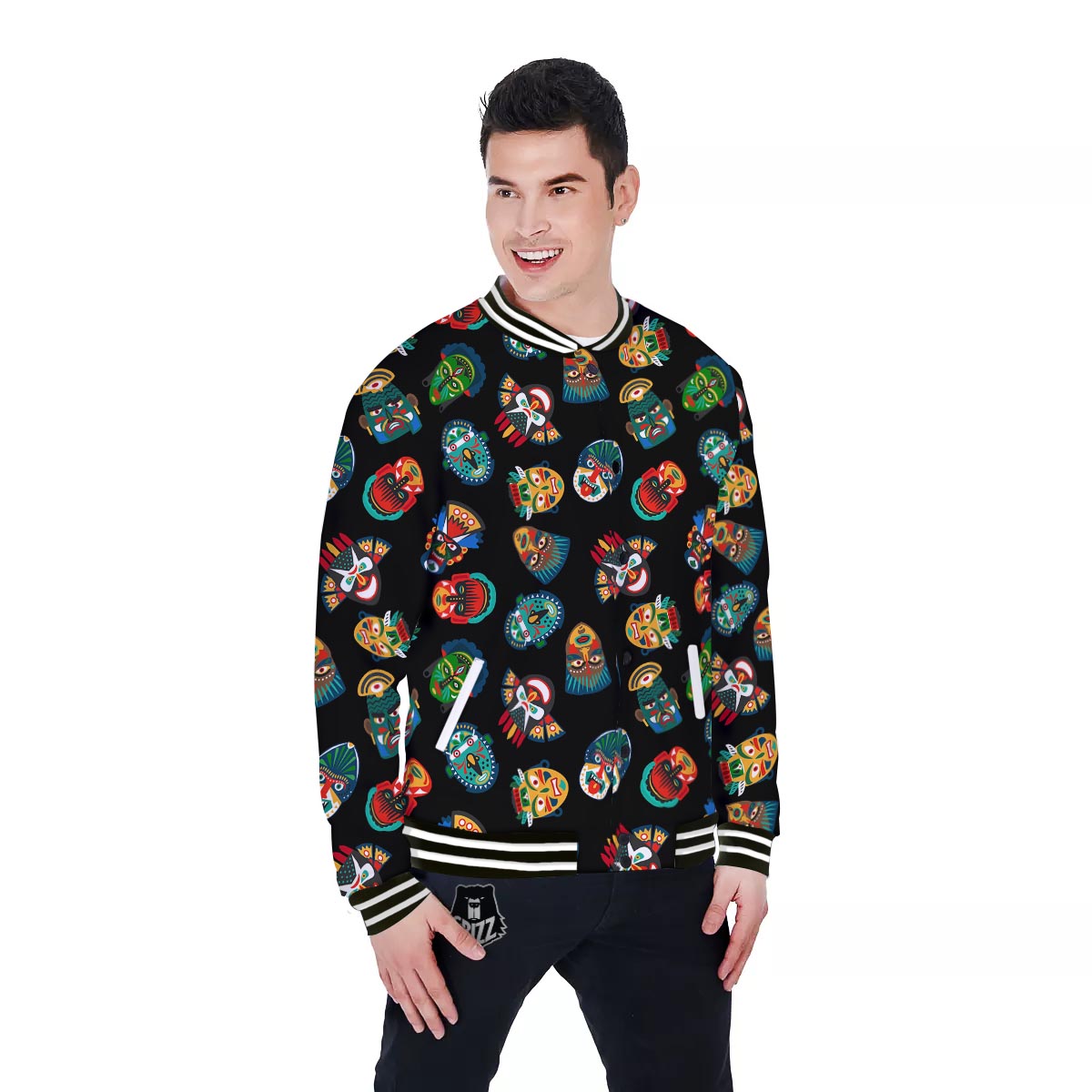 Mask Tribal Tiki Print Pattern Baseball Jacket-grizzshop