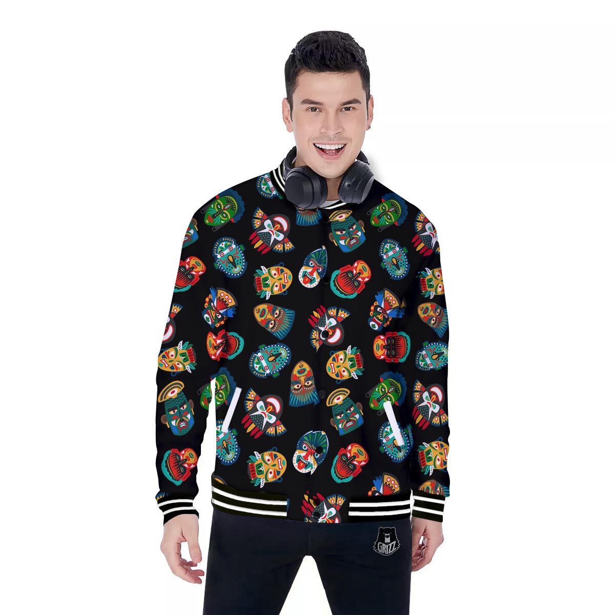 Mask Tribal Tiki Print Pattern Baseball Jacket-grizzshop