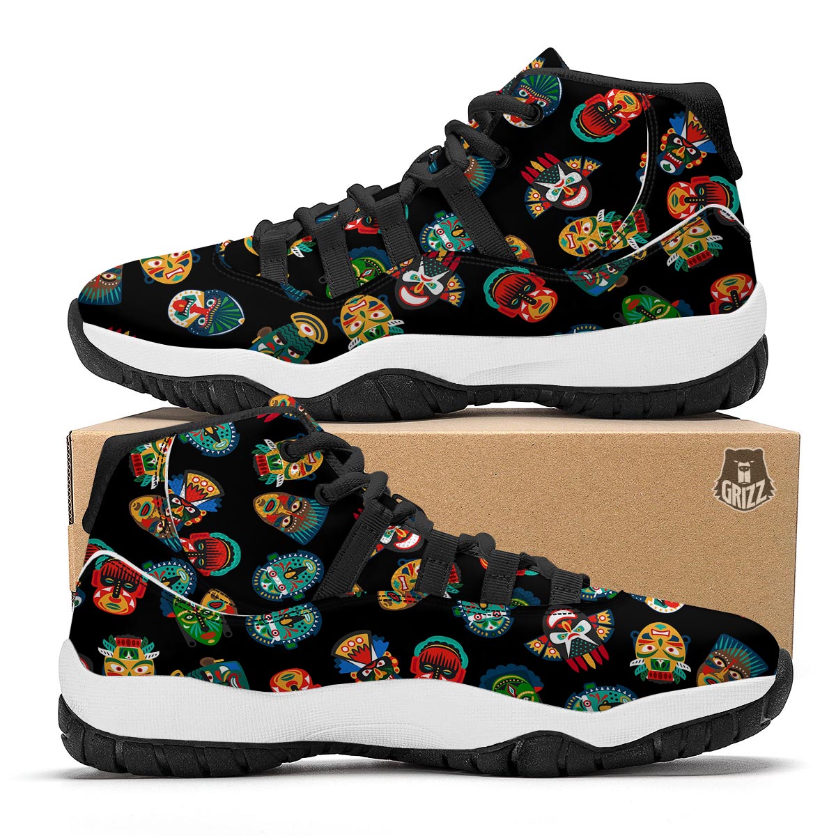 Mask Tribal Tiki Print Pattern Black Bball Shoes-grizzshop