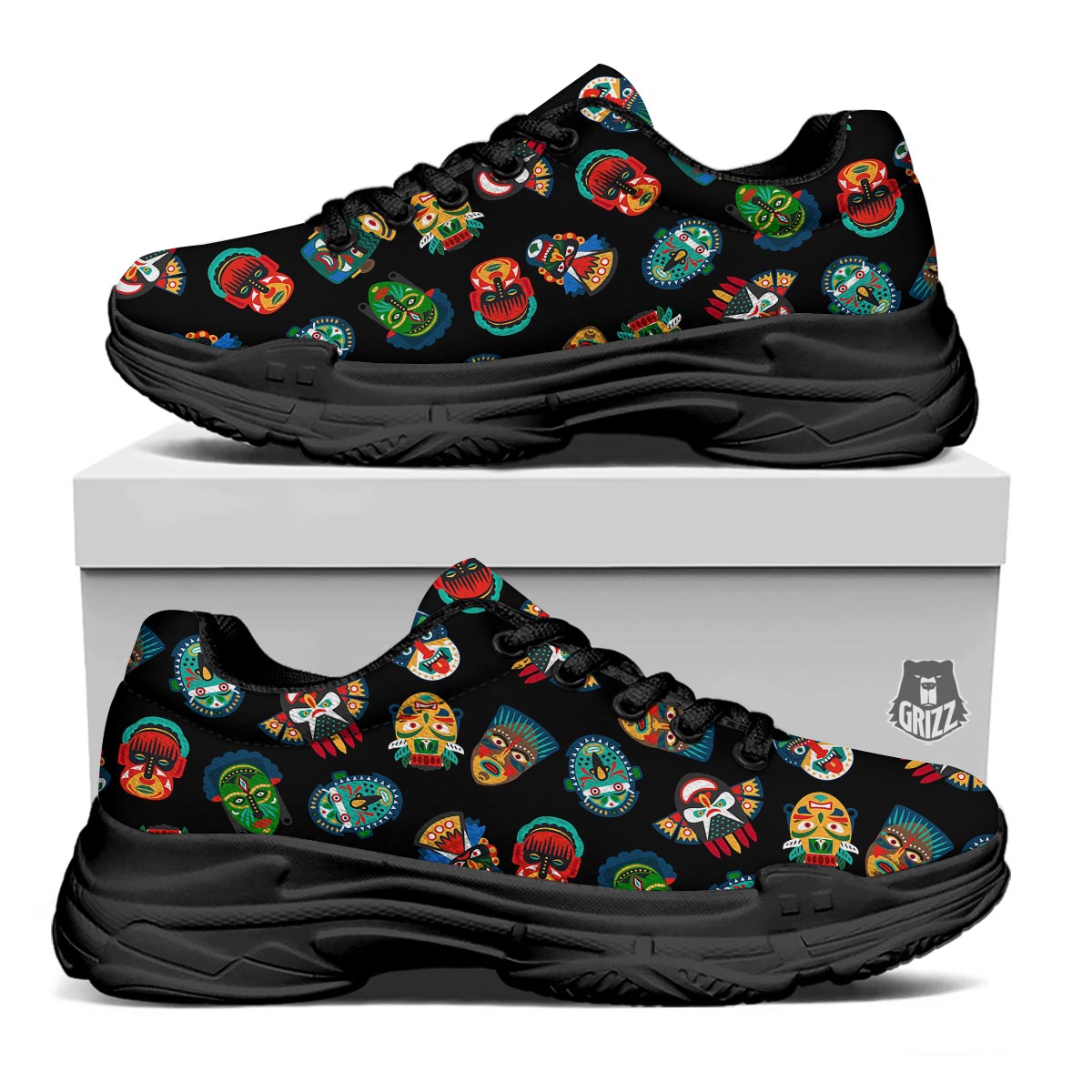 Mask Tribal Tiki Print Pattern Black Chunky Shoes-grizzshop