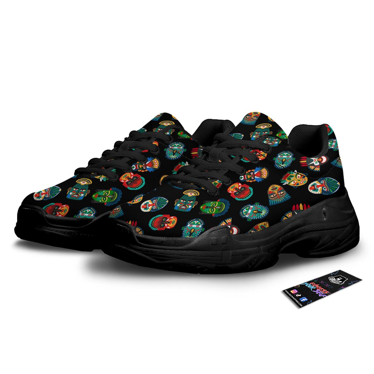 Mask Tribal Tiki Print Pattern Black Chunky Shoes-grizzshop