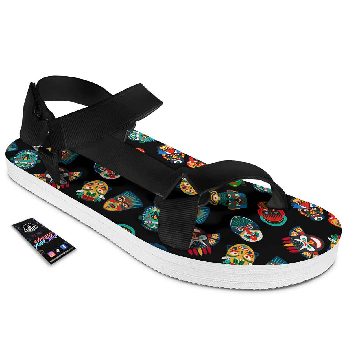 Mask Tribal Tiki Print Pattern Black Open Toe Sandals-grizzshop
