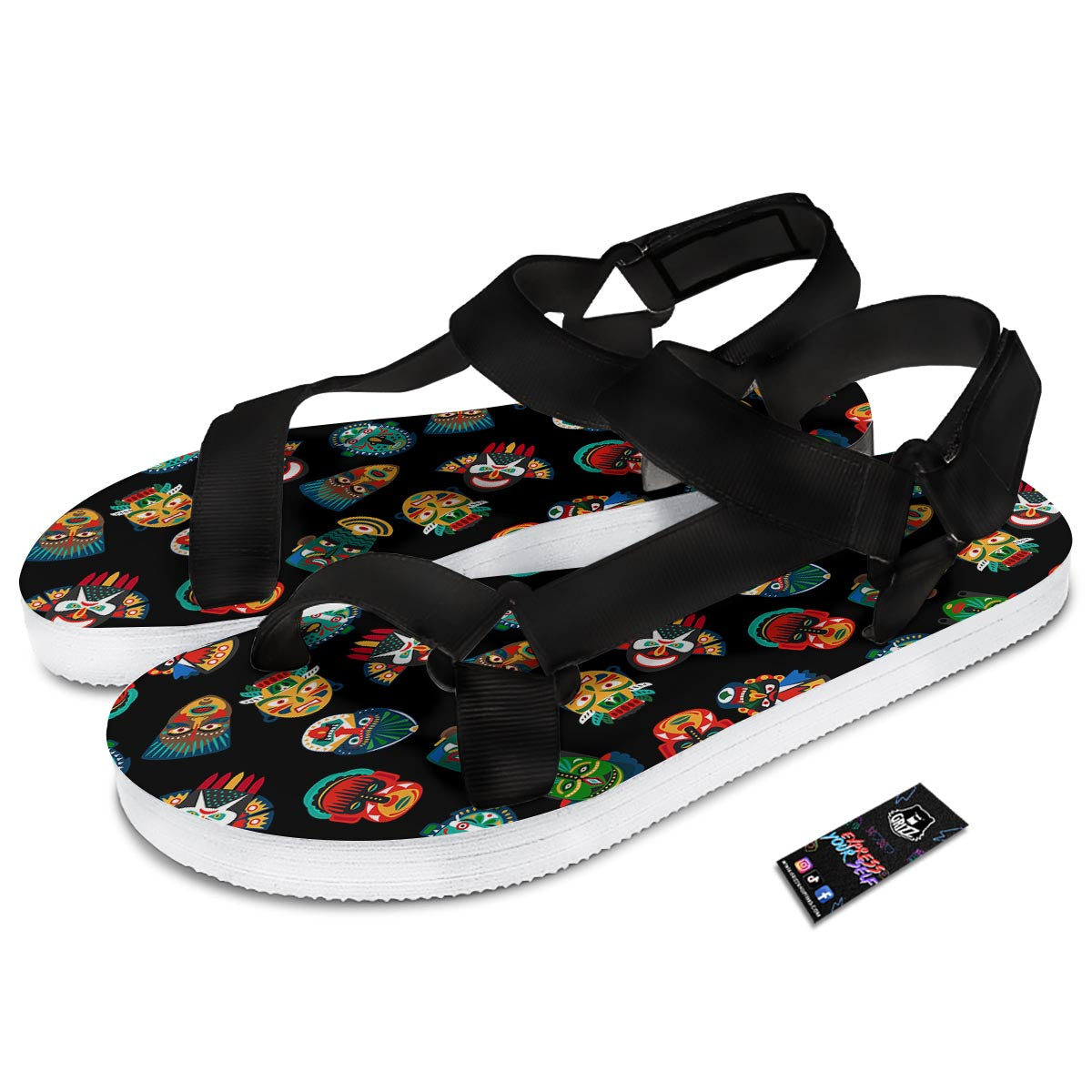 Mask Tribal Tiki Print Pattern Black Open Toe Sandals-grizzshop