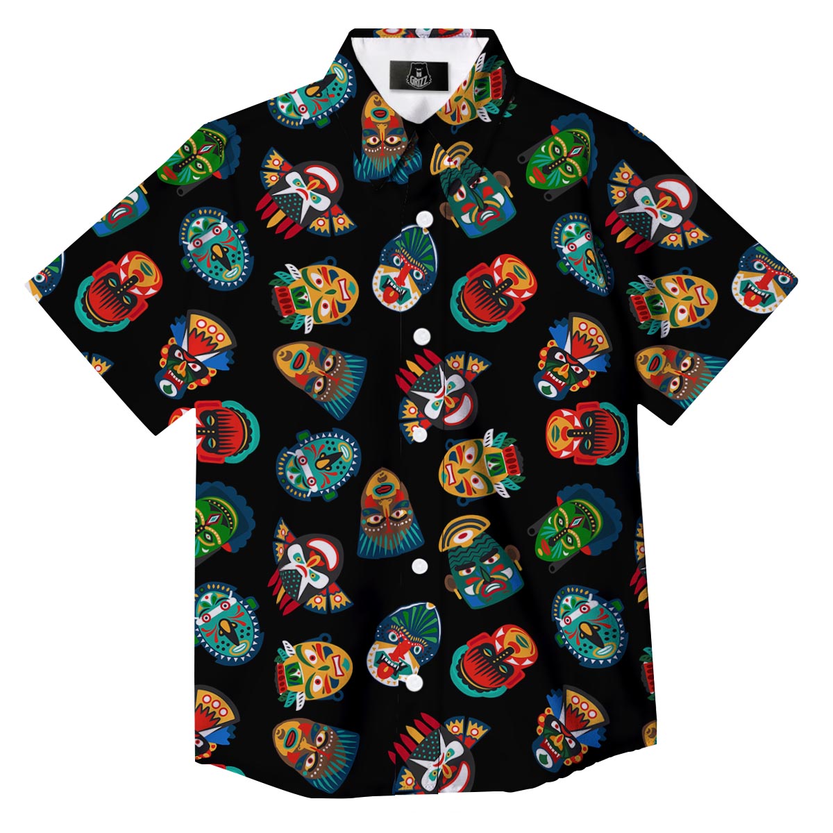 Mask Tribal Tiki Print Pattern Button Up Shirt-grizzshop