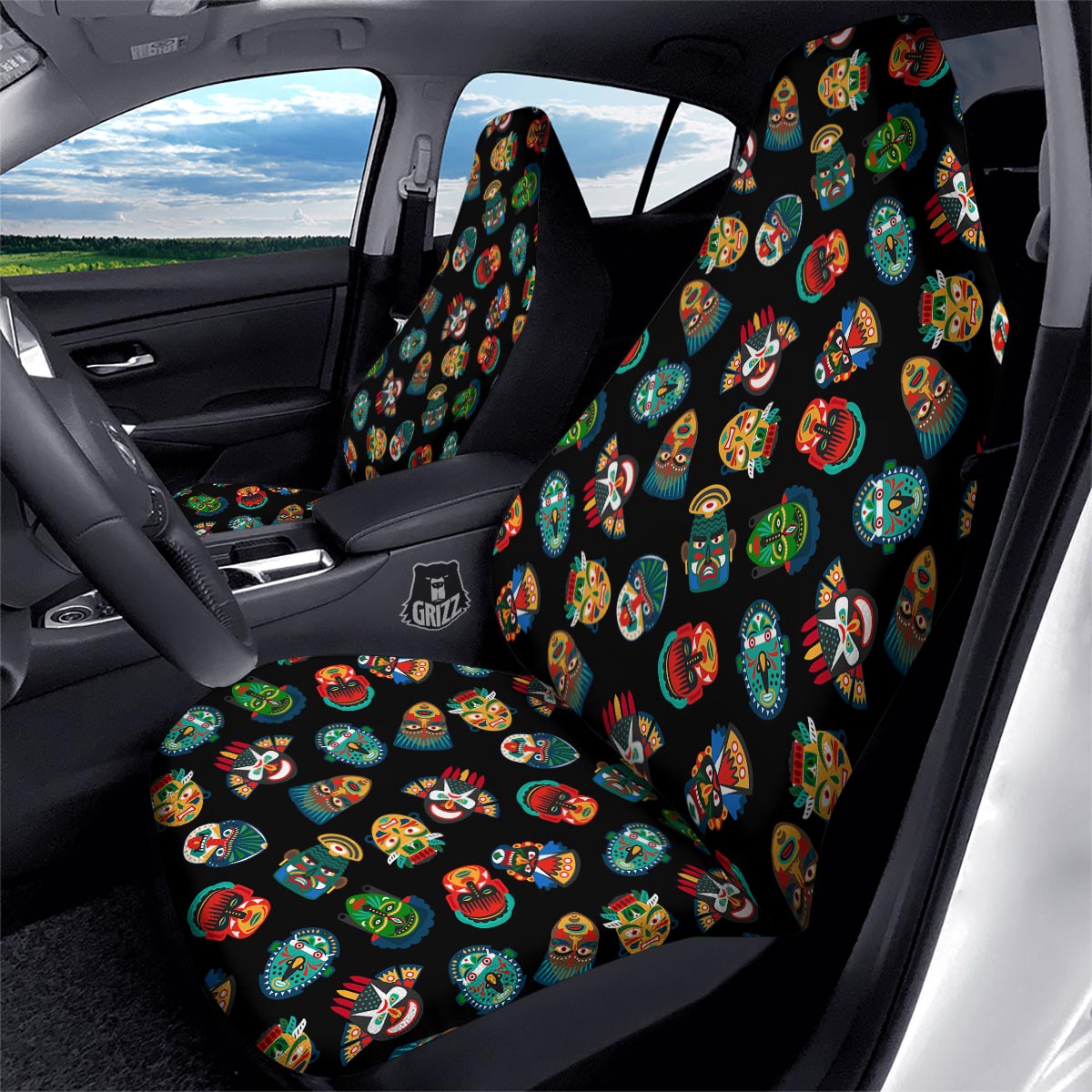 Mask Tribal Tiki Print Pattern Car Seat Covers-grizzshop