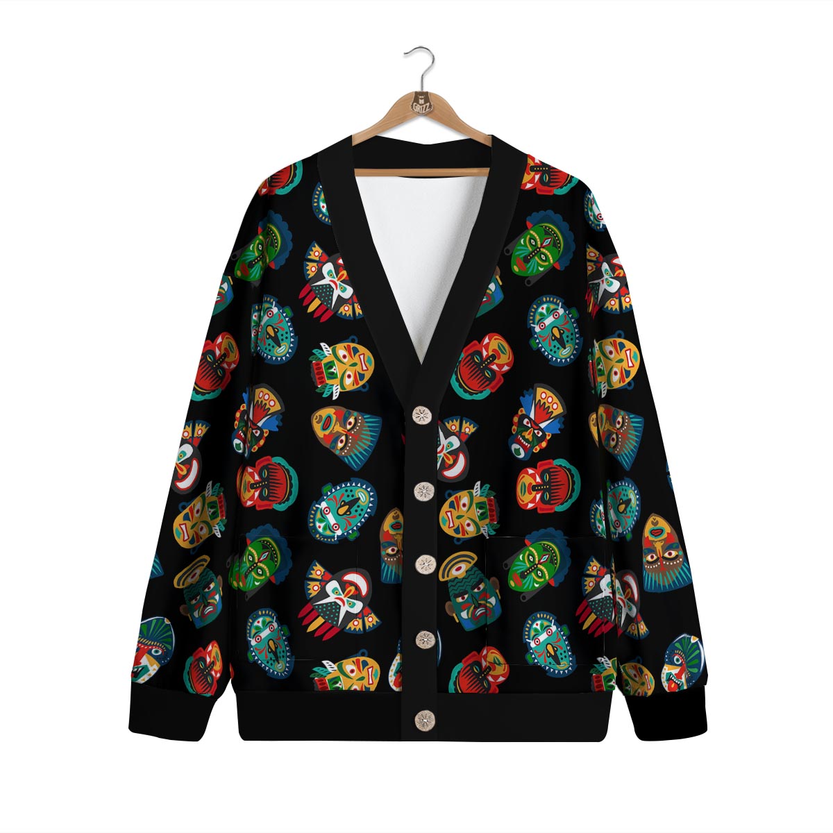 Mask Tribal Tiki Print Pattern Cardigan-grizzshop