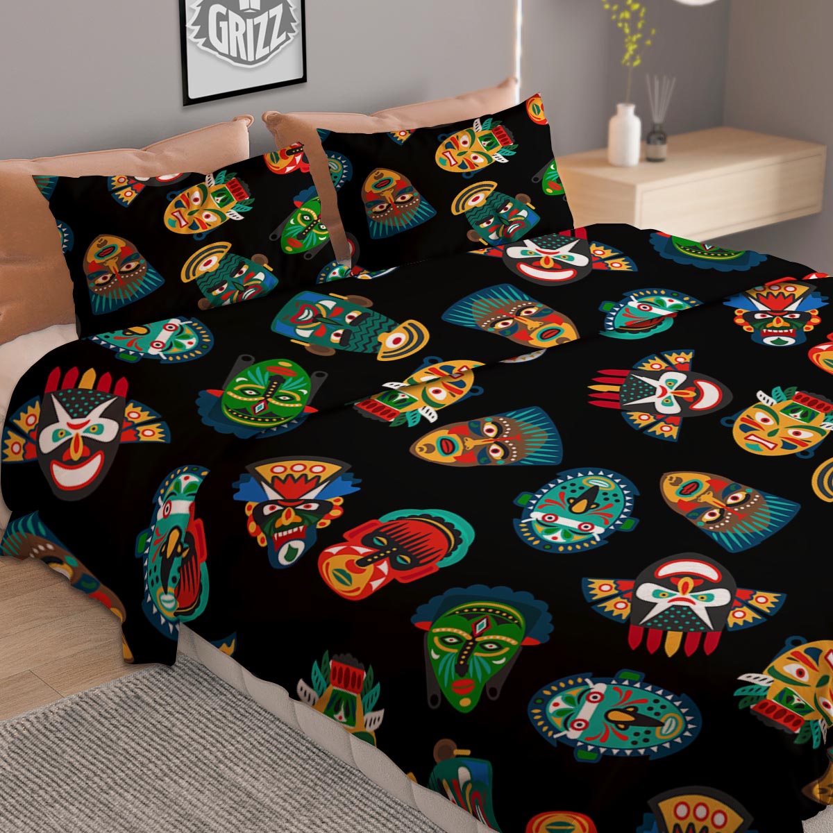 Mask Tribal Tiki Print Pattern Duvet Cover Bedding Set