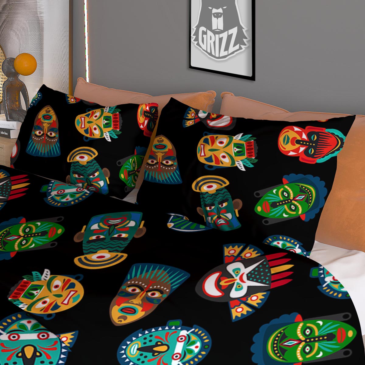 Mask Tribal Tiki Print Pattern Duvet Cover Bedding Set