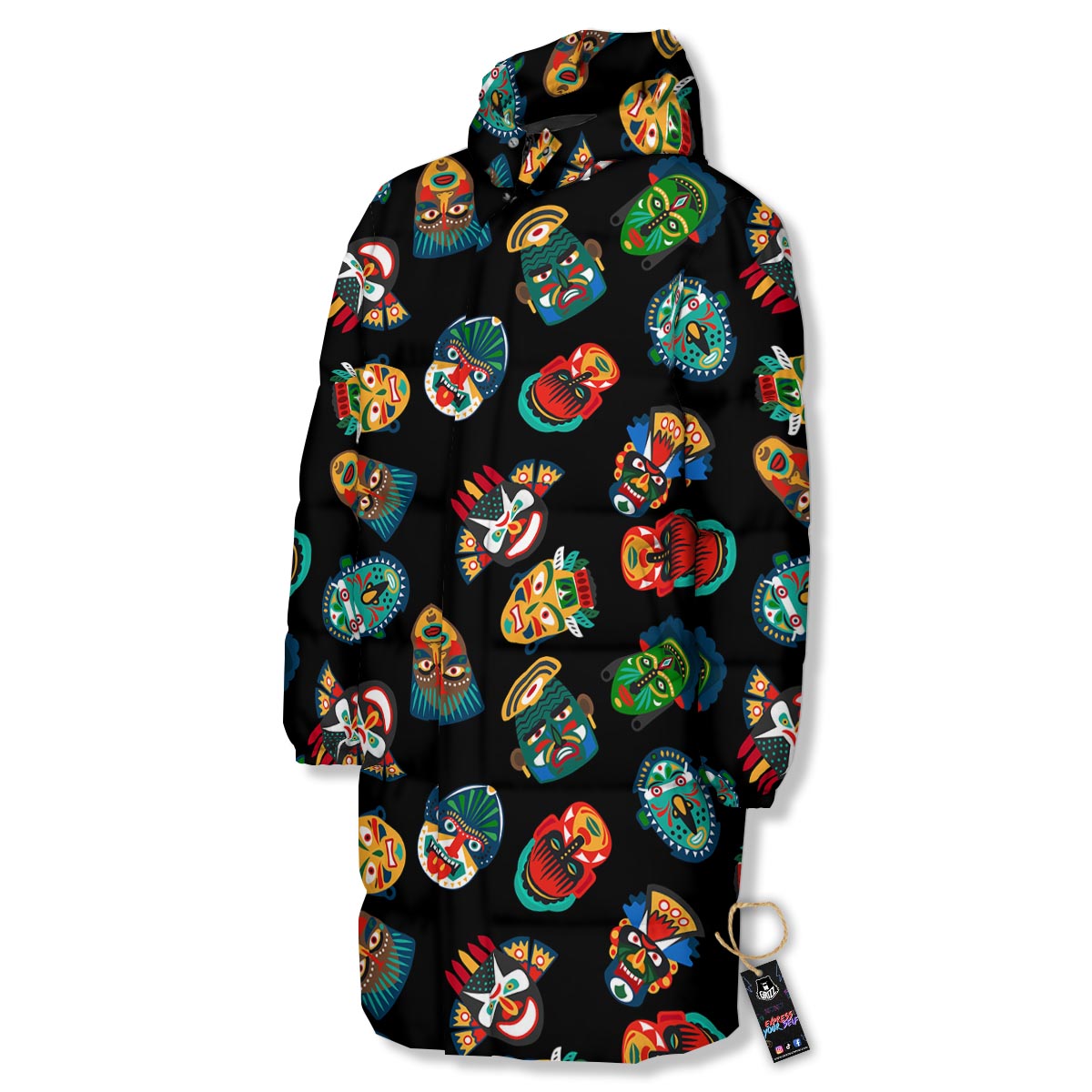 Mask Tribal Tiki Print Pattern Long Down Jacket-grizzshop