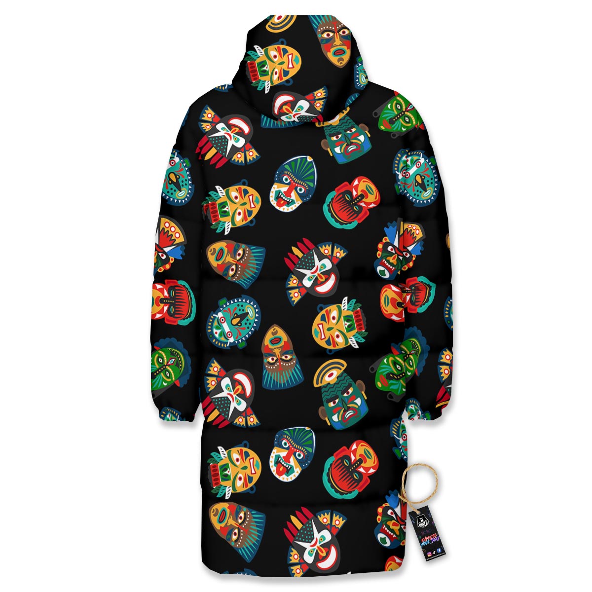 Mask Tribal Tiki Print Pattern Long Down Jacket-grizzshop