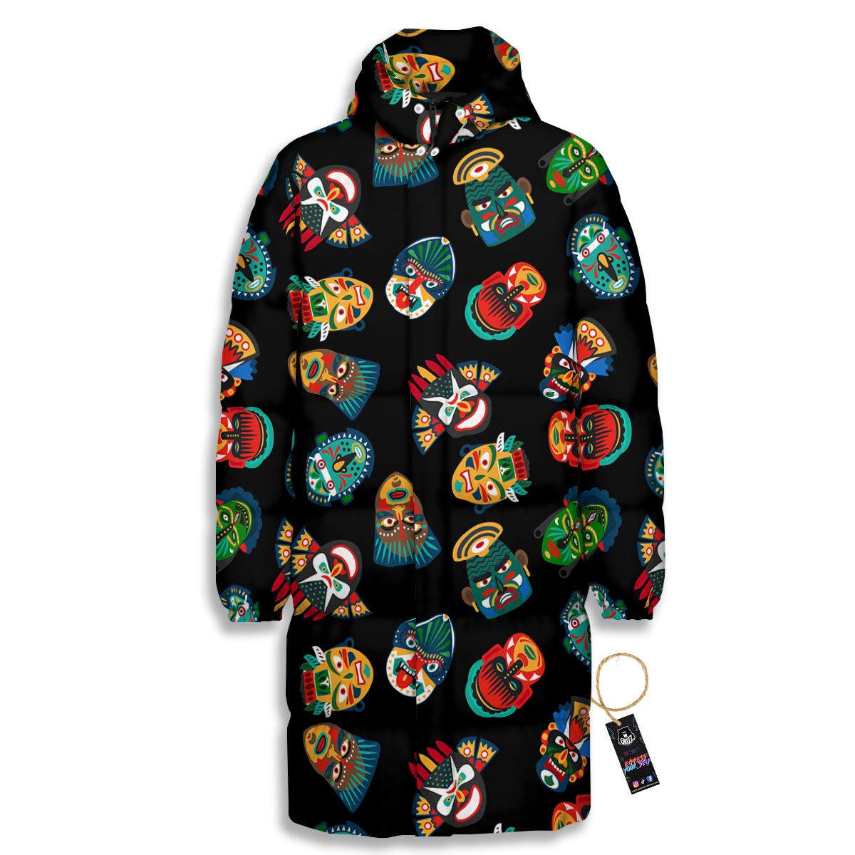 Mask Tribal Tiki Print Pattern Long Down Jacket-grizzshop