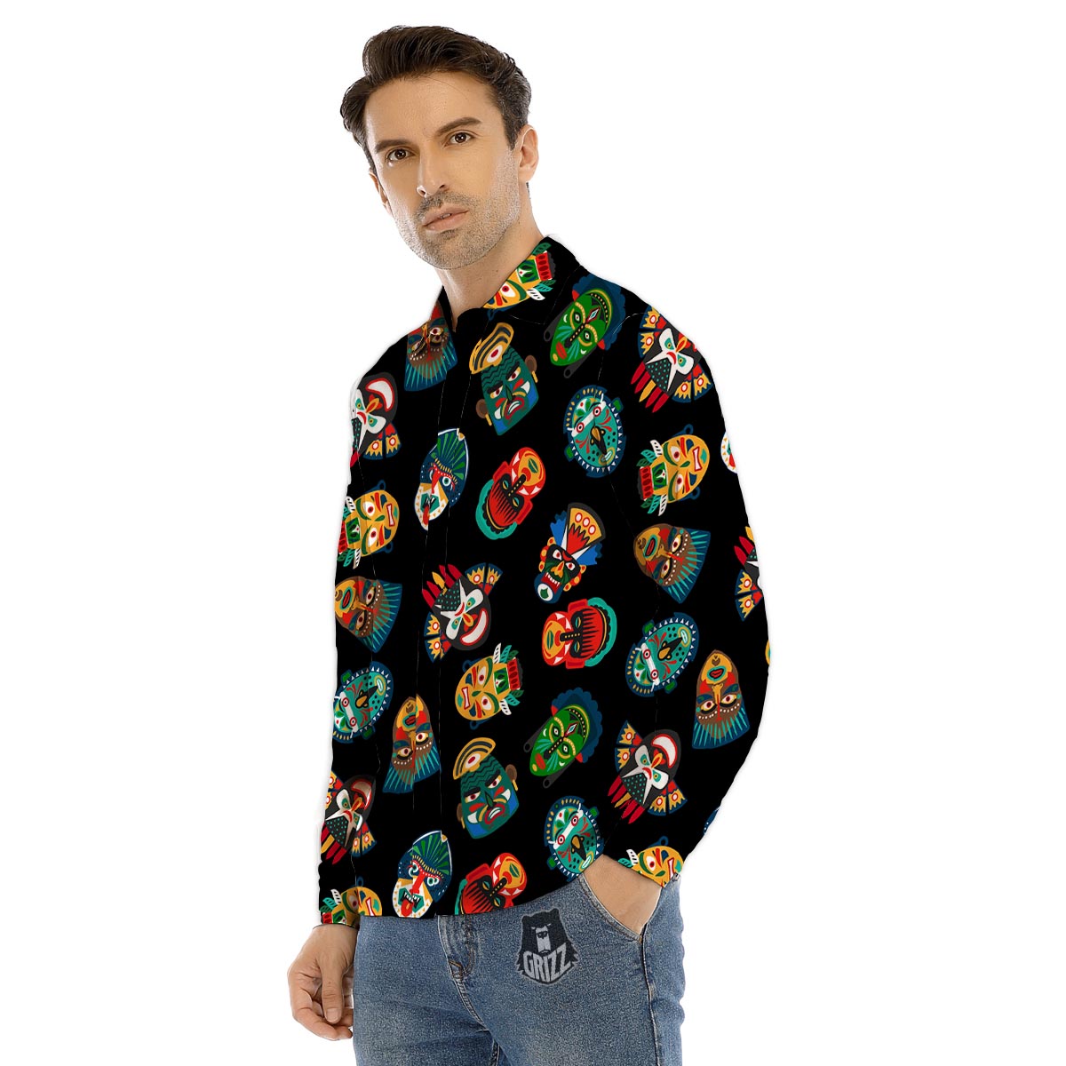 Mask Tribal Tiki Print Pattern Men's Dress Shirts-grizzshop
