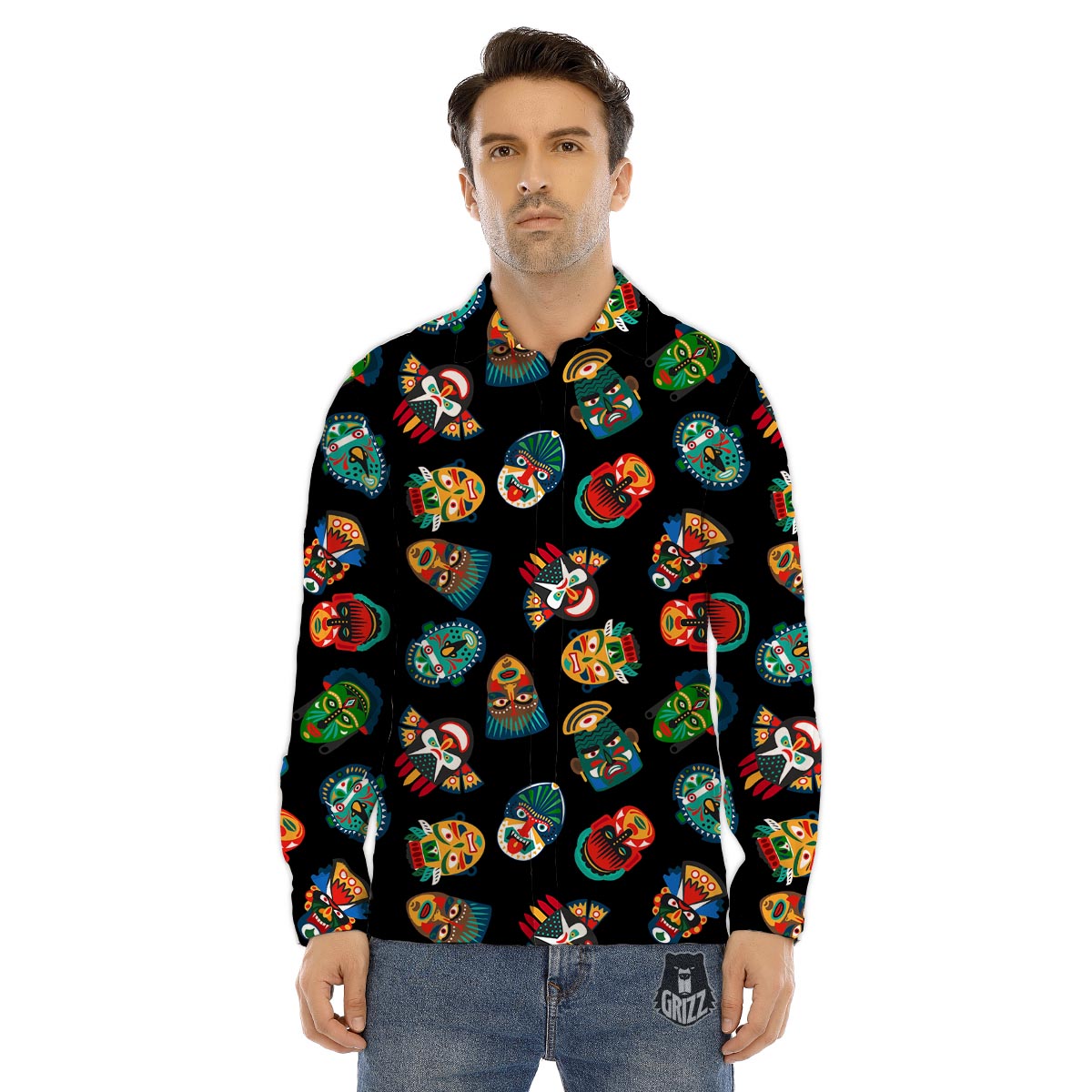 Mask Tribal Tiki Print Pattern Men's Dress Shirts-grizzshop