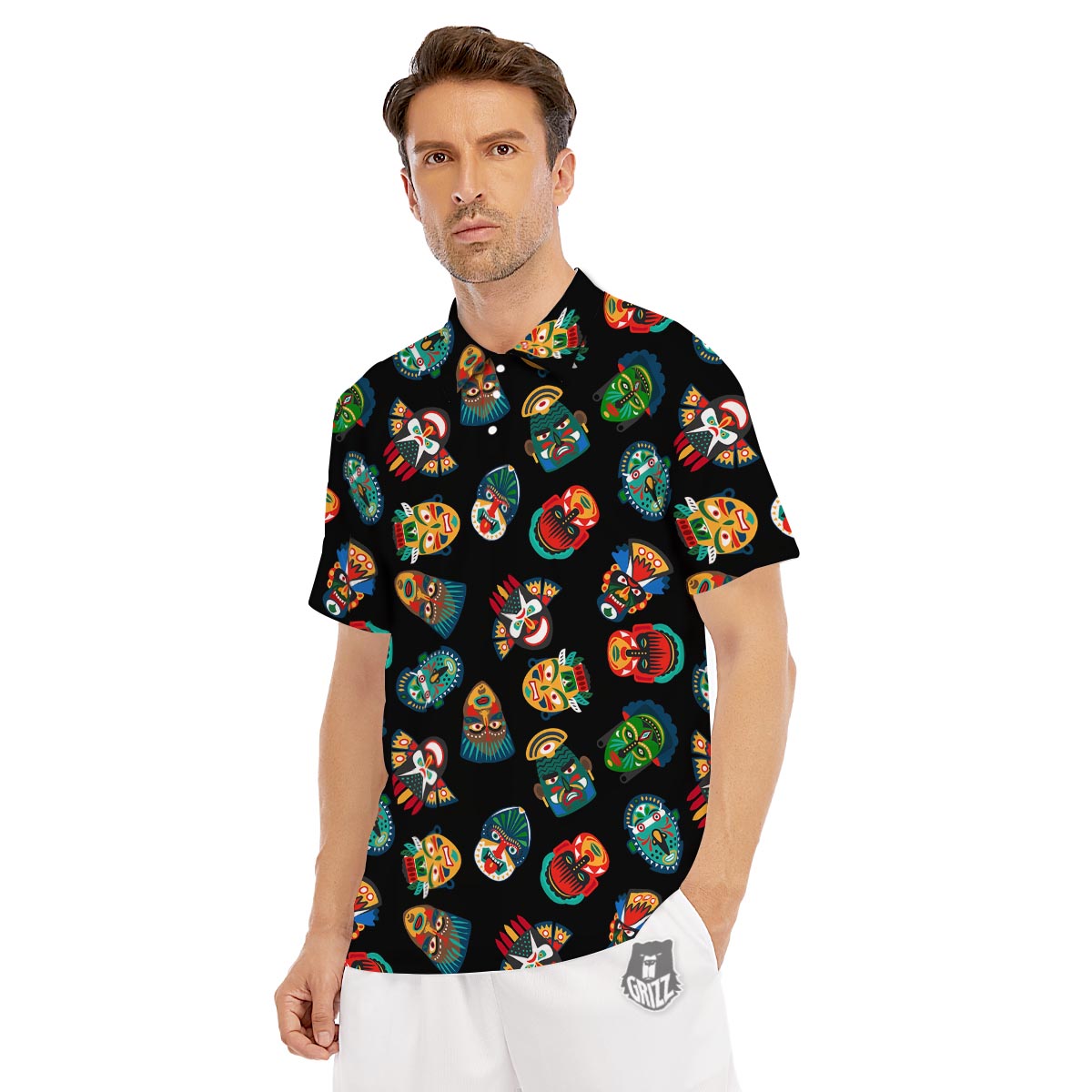 Mask Tribal Tiki Print Pattern Men's Golf Shirts-grizzshop