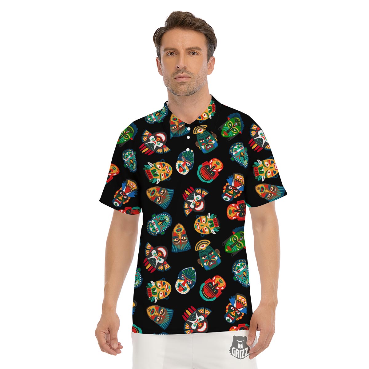 Mask Tribal Tiki Print Pattern Men's Golf Shirts-grizzshop