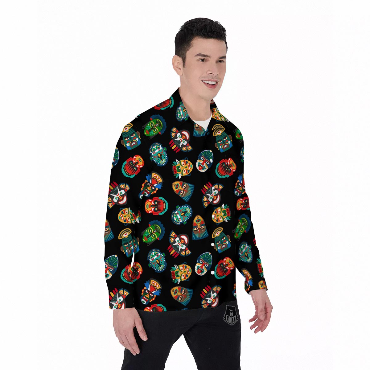 Mask Tribal Tiki Print Pattern Men's Long Sleeve Shirts-grizzshop