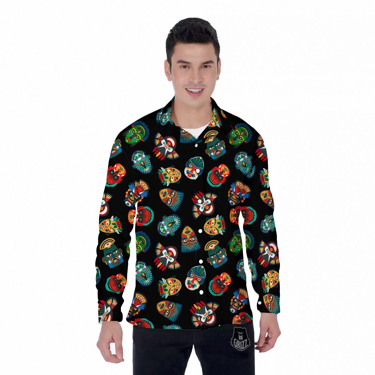 Mask Tribal Tiki Print Pattern Men's Long Sleeve Shirts-grizzshop