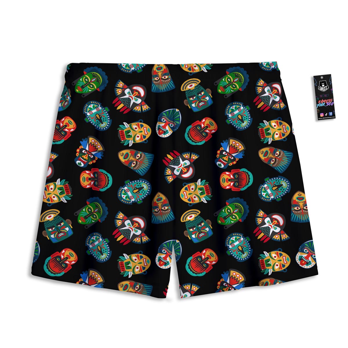 Mask Tribal Tiki Print Pattern Mesh Shorts