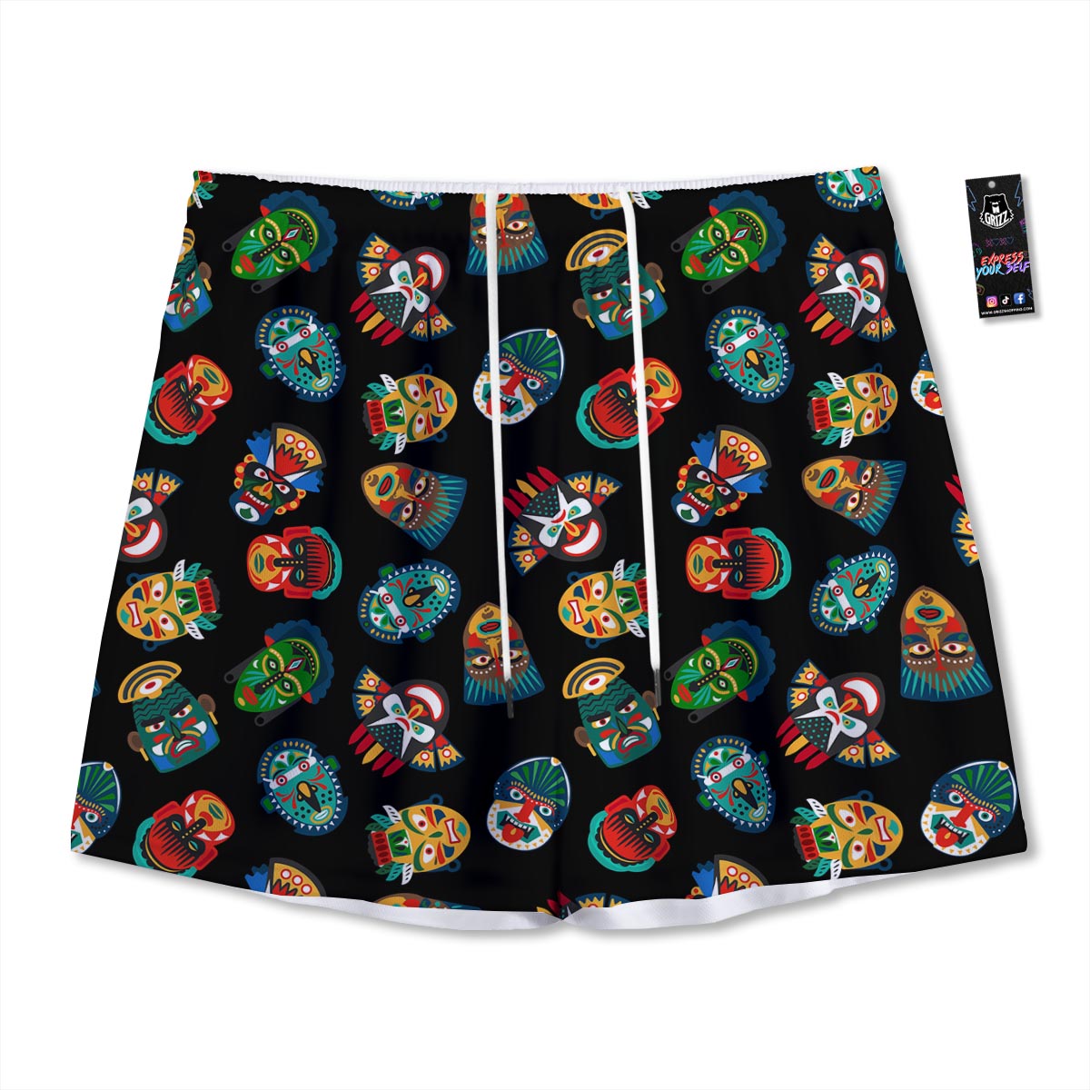 Mask Tribal Tiki Print Pattern Mesh Shorts