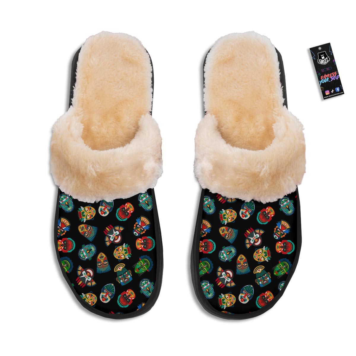 Mask Tribal Tiki Print Pattern Slippers-grizzshop