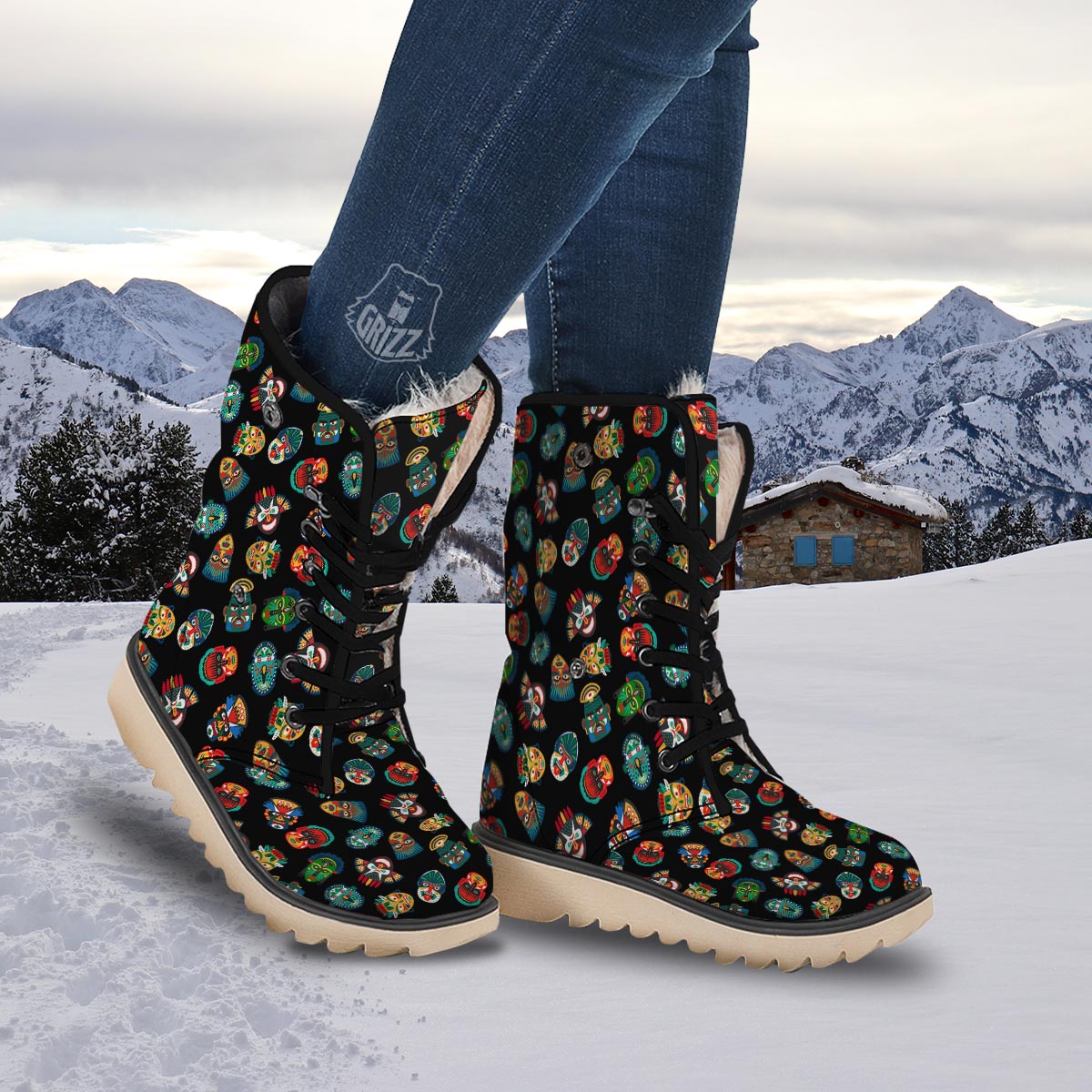 Mask Tribal Tiki Print Pattern Snow Boots-grizzshop