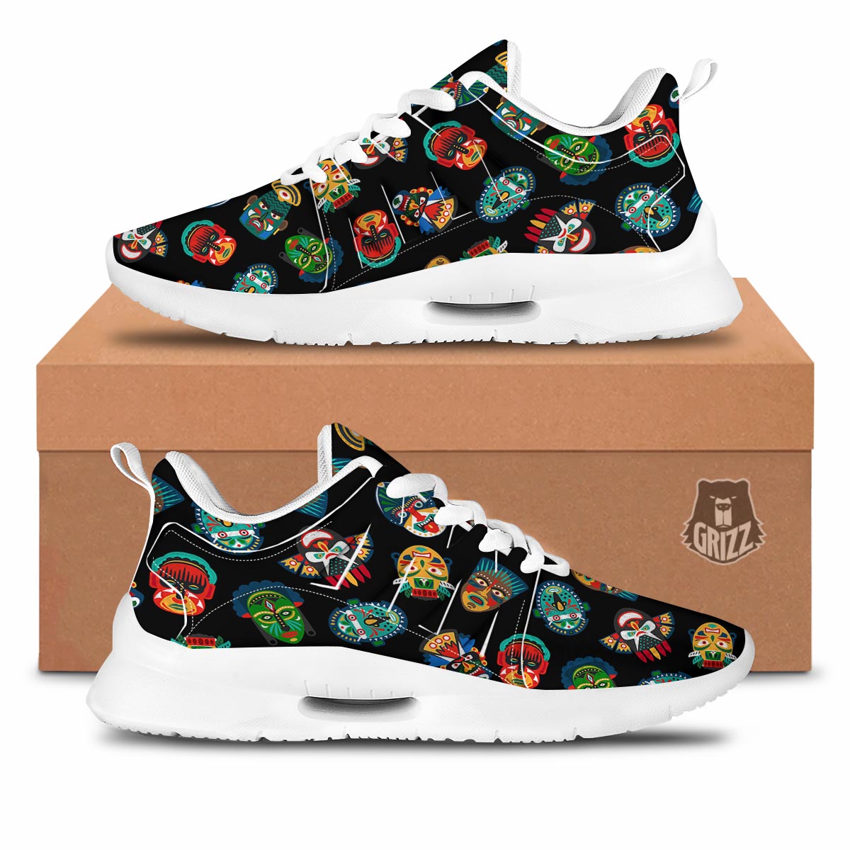 Mask Tribal Tiki Print Pattern Tennis Shoes-grizzshop