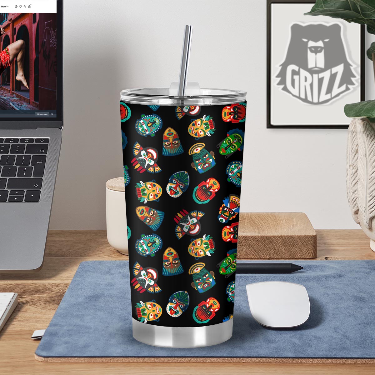 Mask Tribal Tiki Print Pattern Tumbler-grizzshop