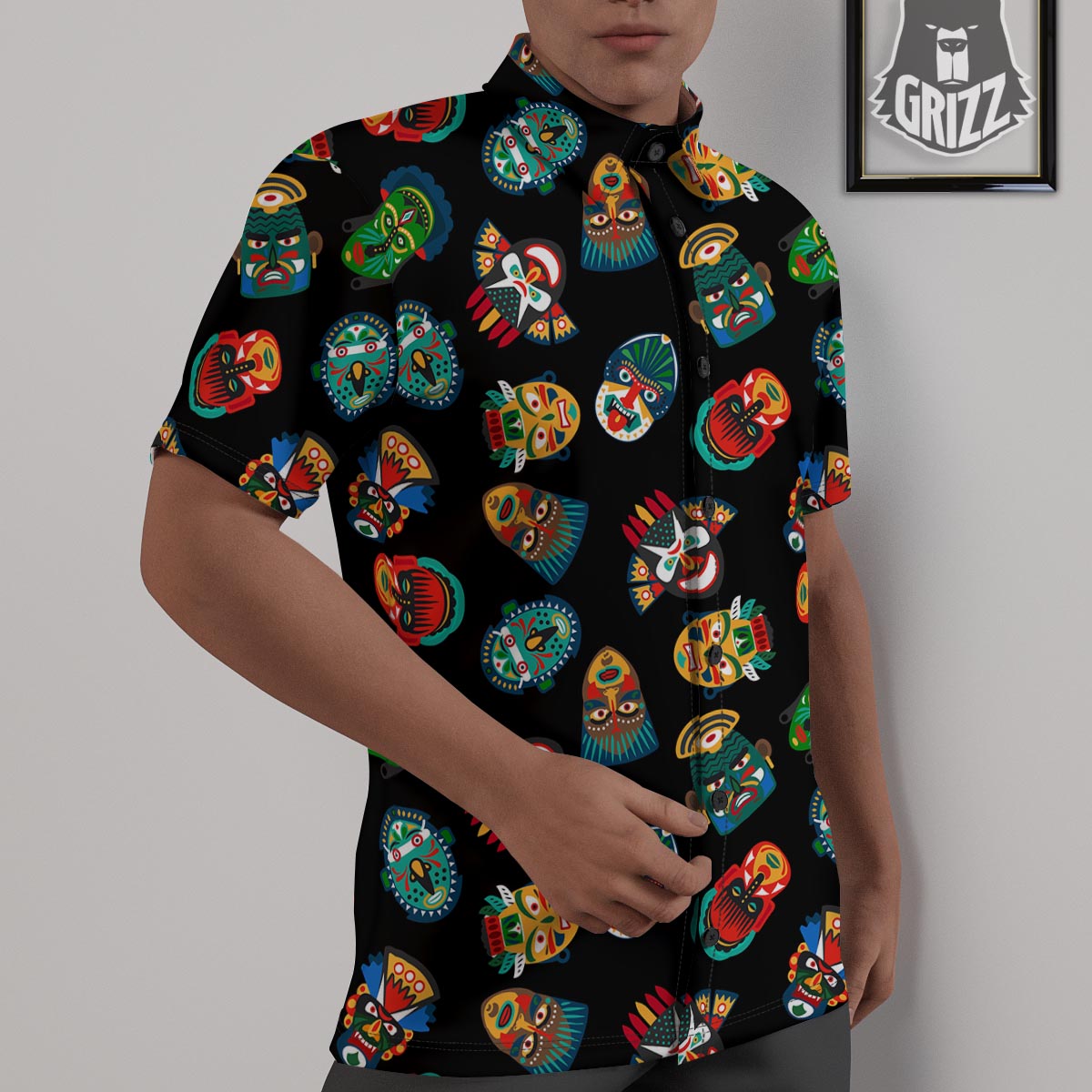 Mask Tribal Tiki Print Pattern Untucked Shirts-grizzshop
