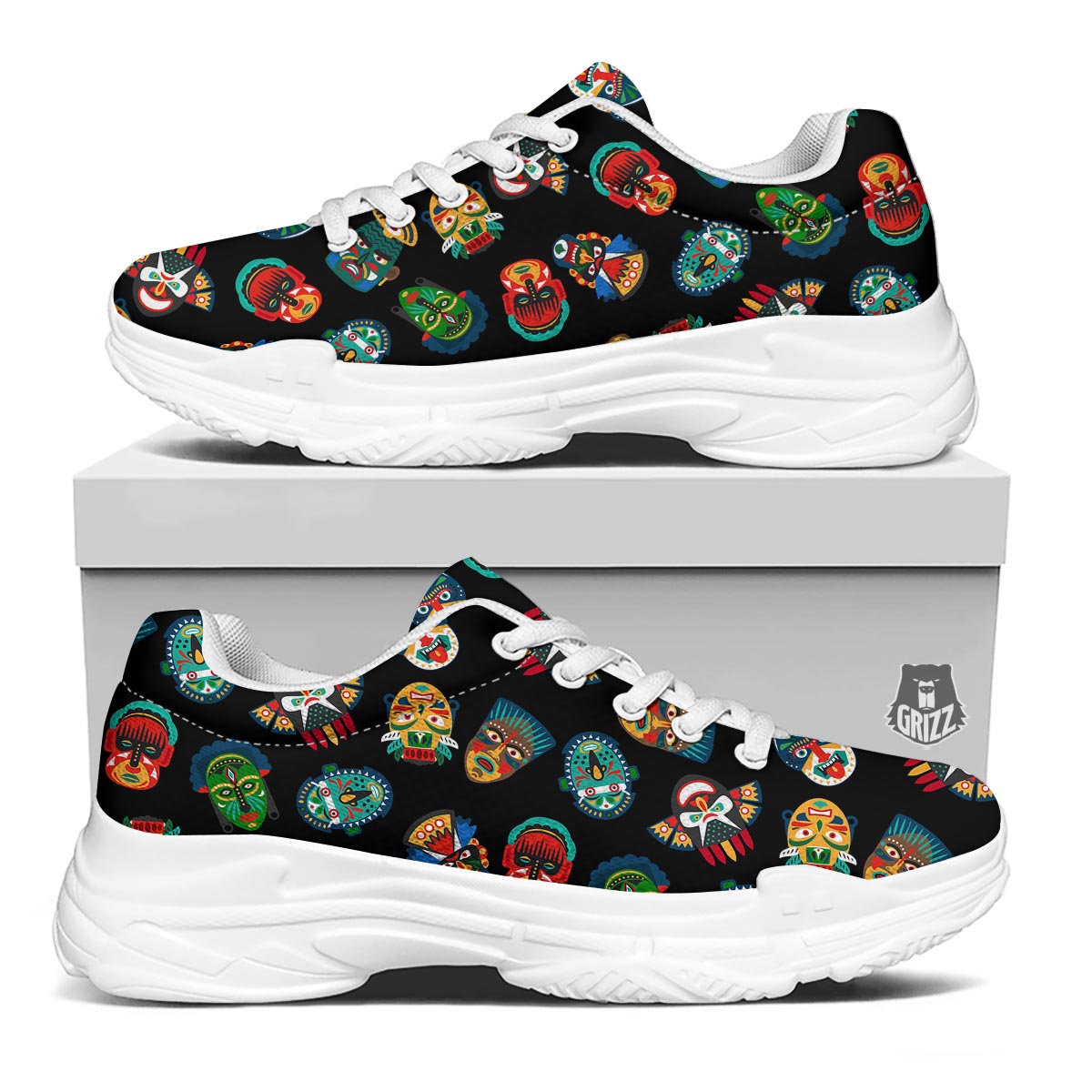Mask Tribal Tiki Print Pattern White Chunky Shoes-grizzshop