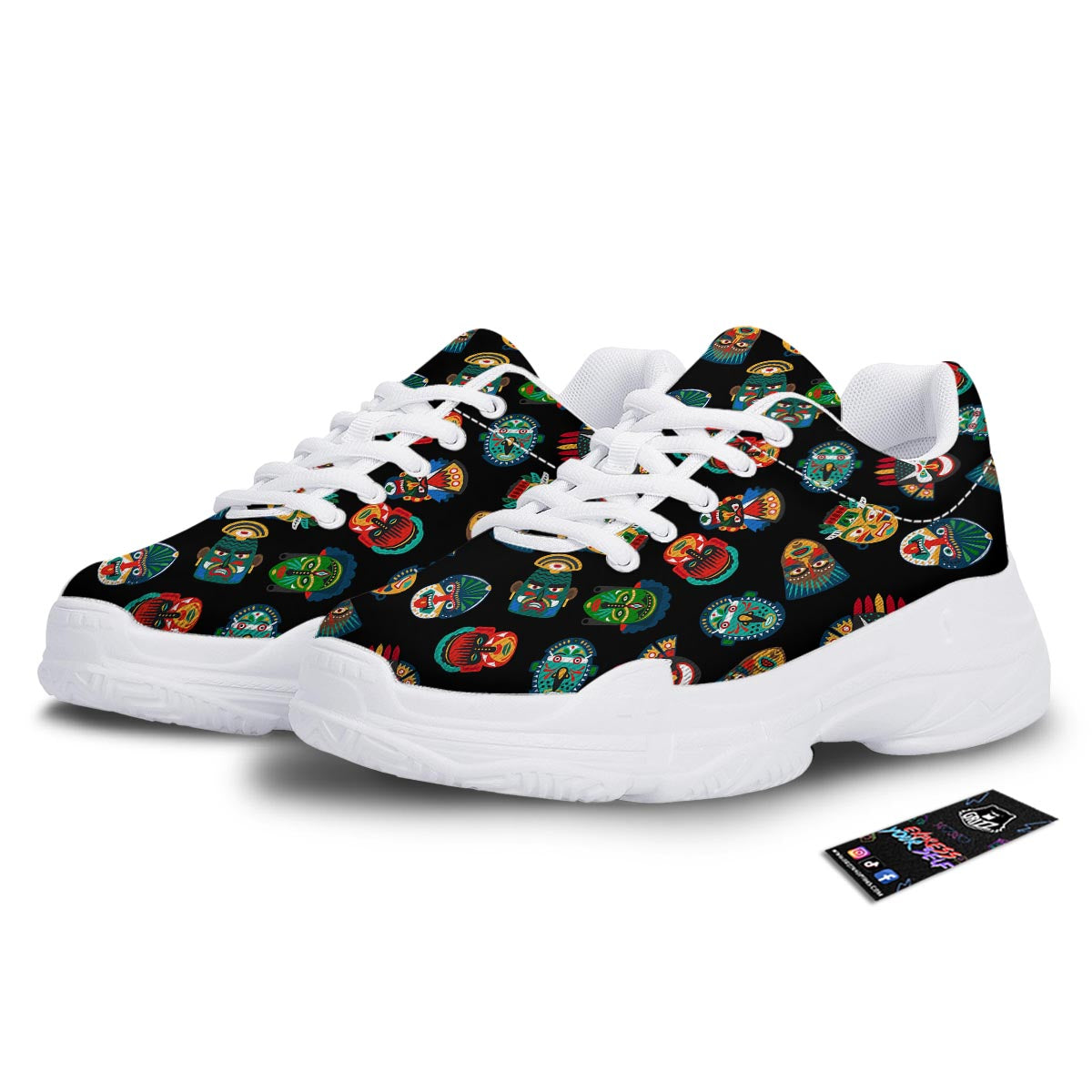 Mask Tribal Tiki Print Pattern White Chunky Shoes-grizzshop
