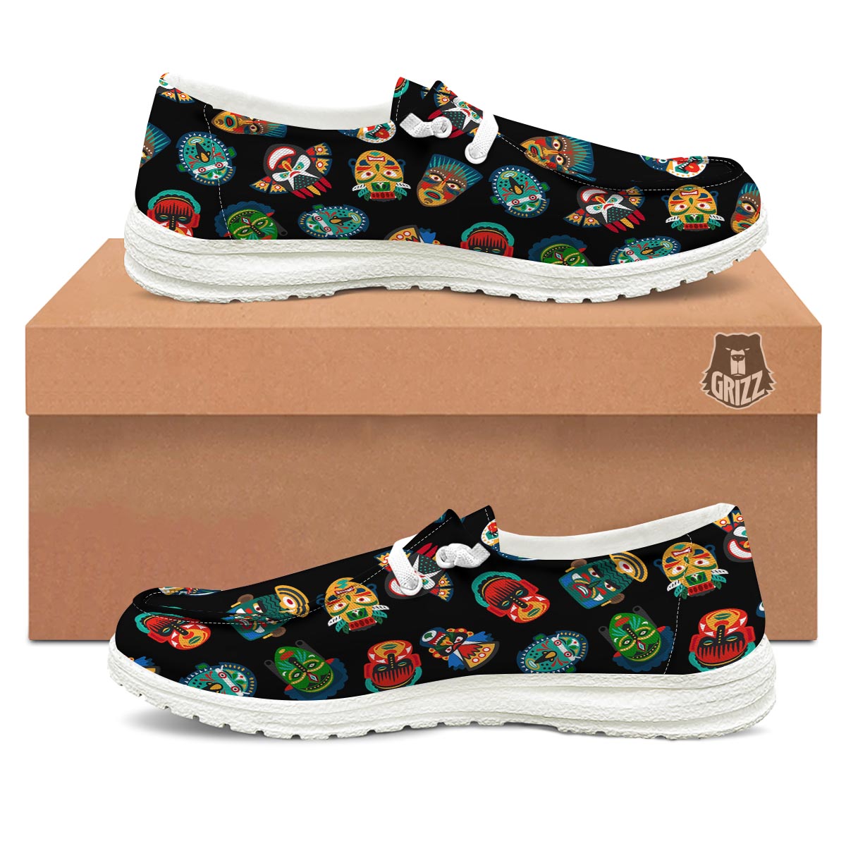 Mask Tribal Tiki Print Pattern White Loafers-grizzshop