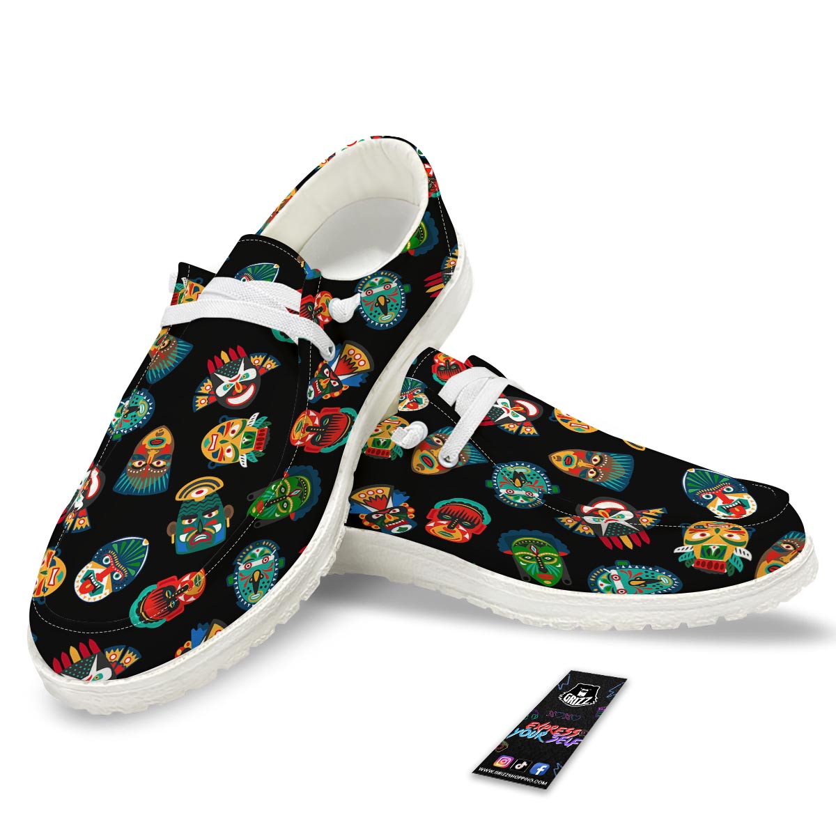 Mask Tribal Tiki Print Pattern White Loafers-grizzshop