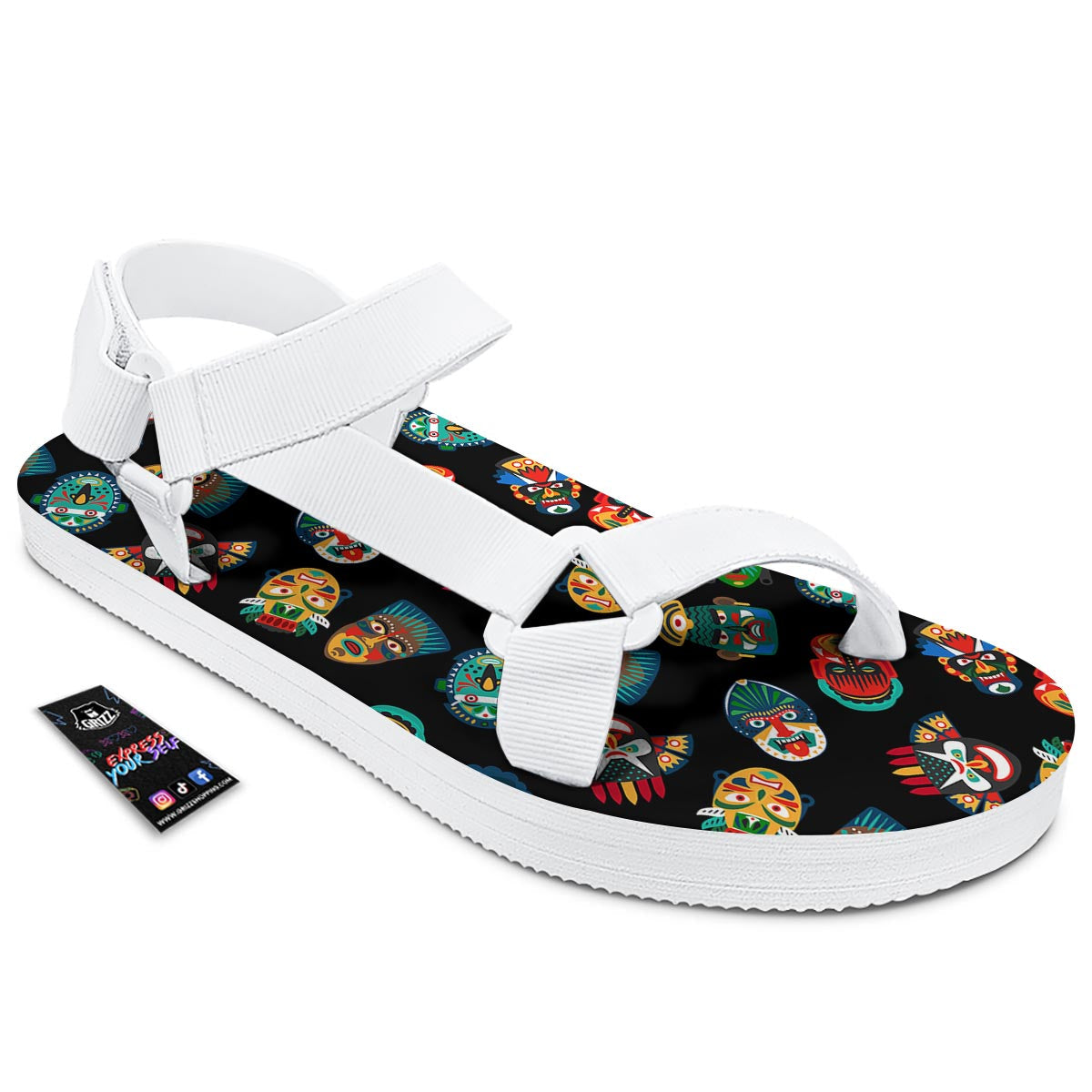 Mask Tribal Tiki Print Pattern White Open Toe Sandals-grizzshop
