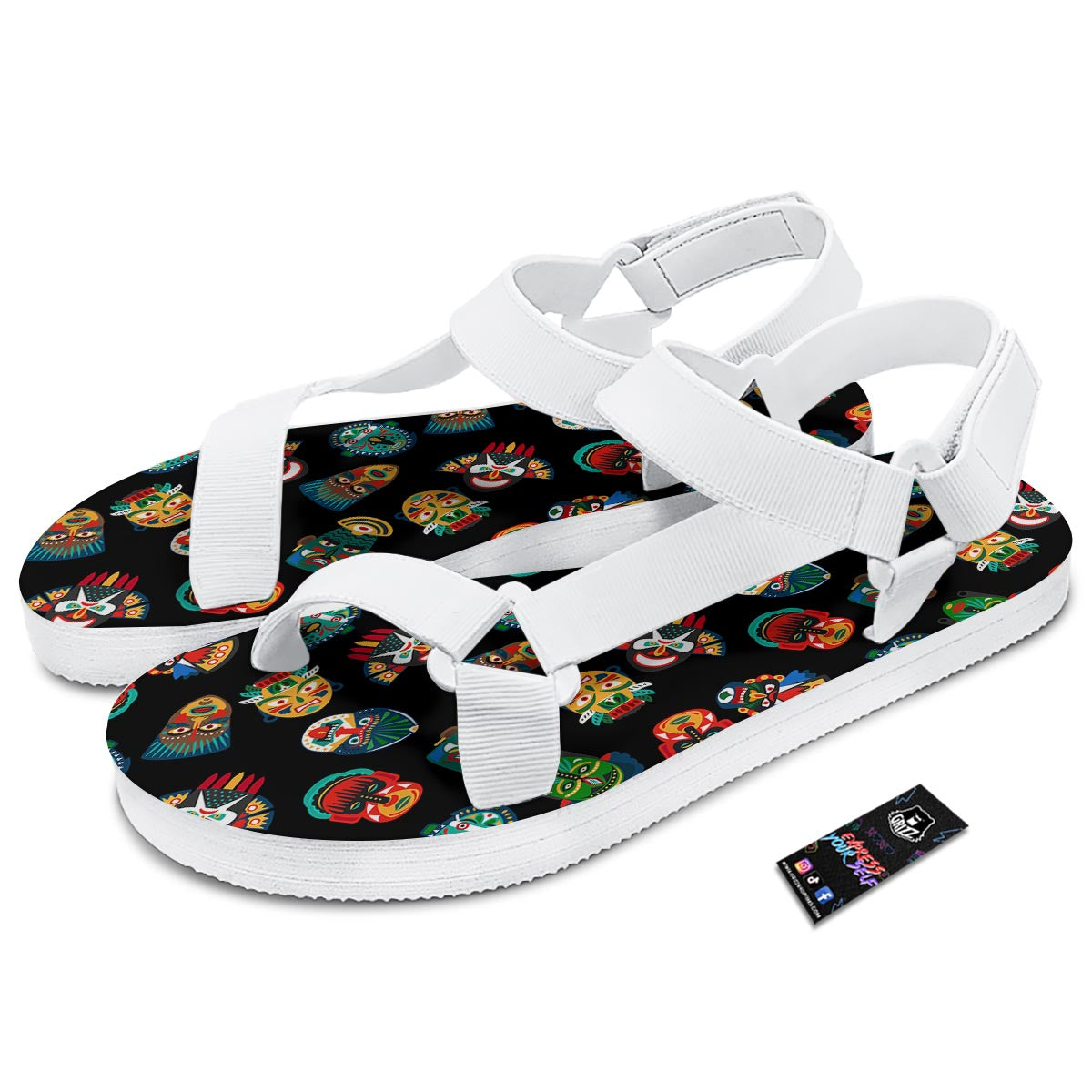Mask Tribal Tiki Print Pattern White Open Toe Sandals-grizzshop