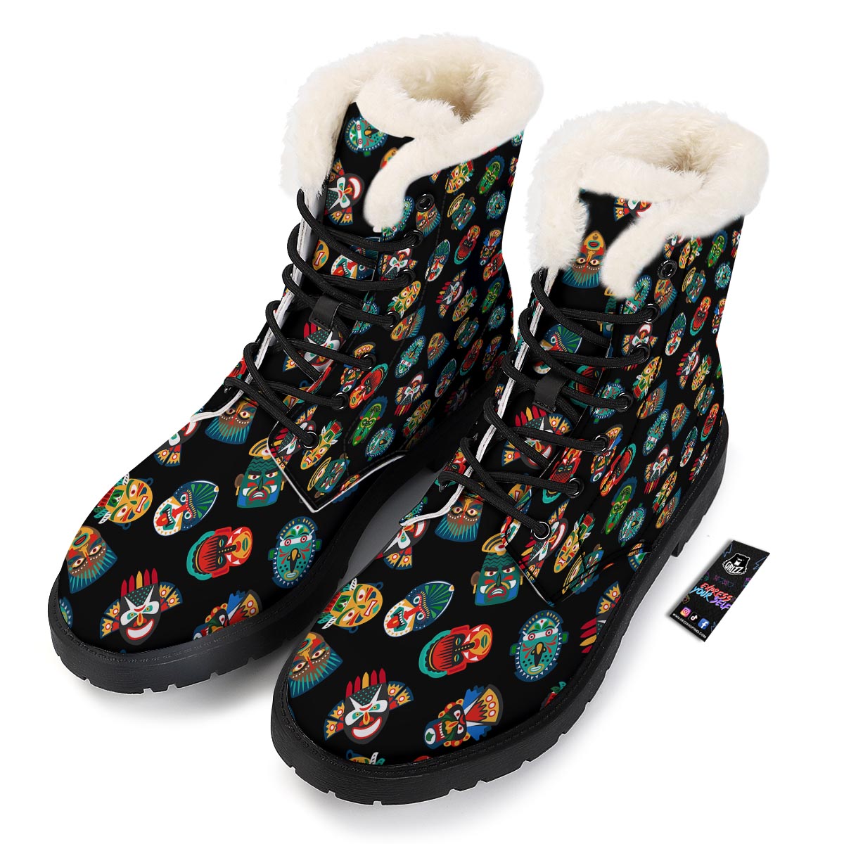 Mask Tribal Tiki Print Pattern Winter Boots-grizzshop