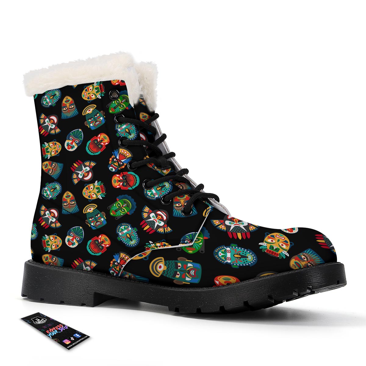 Mask Tribal Tiki Print Pattern Winter Boots-grizzshop