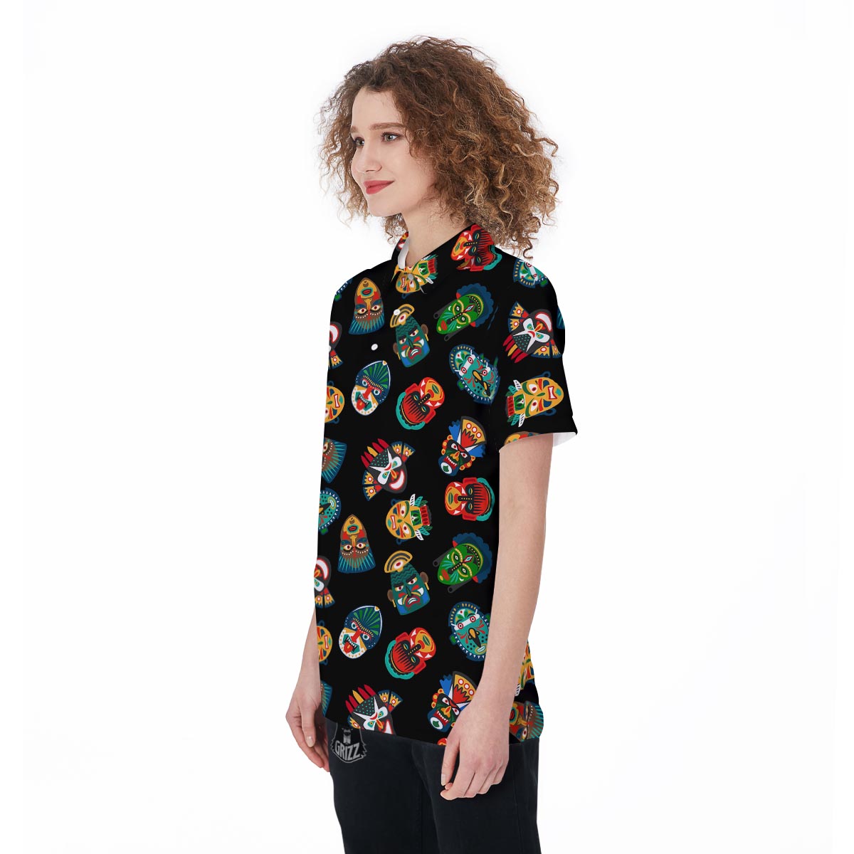 Mask Tribal Tiki Print Pattern Women's Golf Shirts-grizzshop