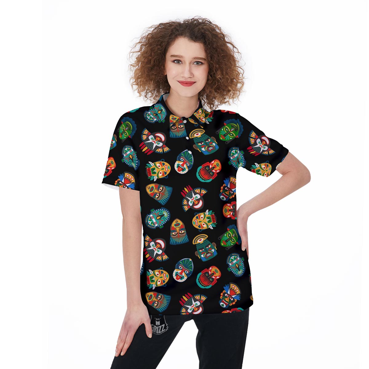Mask Tribal Tiki Print Pattern Women's Golf Shirts-grizzshop