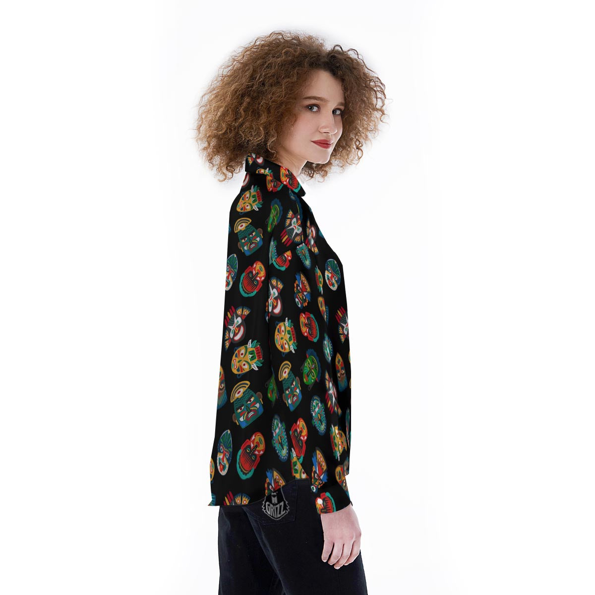 Mask Tribal Tiki Print Pattern Women's Long Sleeve Shirts-grizzshop