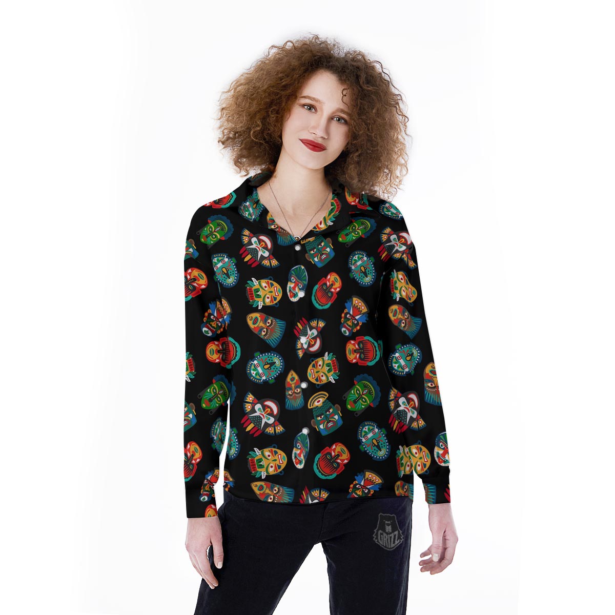Mask Tribal Tiki Print Pattern Women's Long Sleeve Shirts-grizzshop