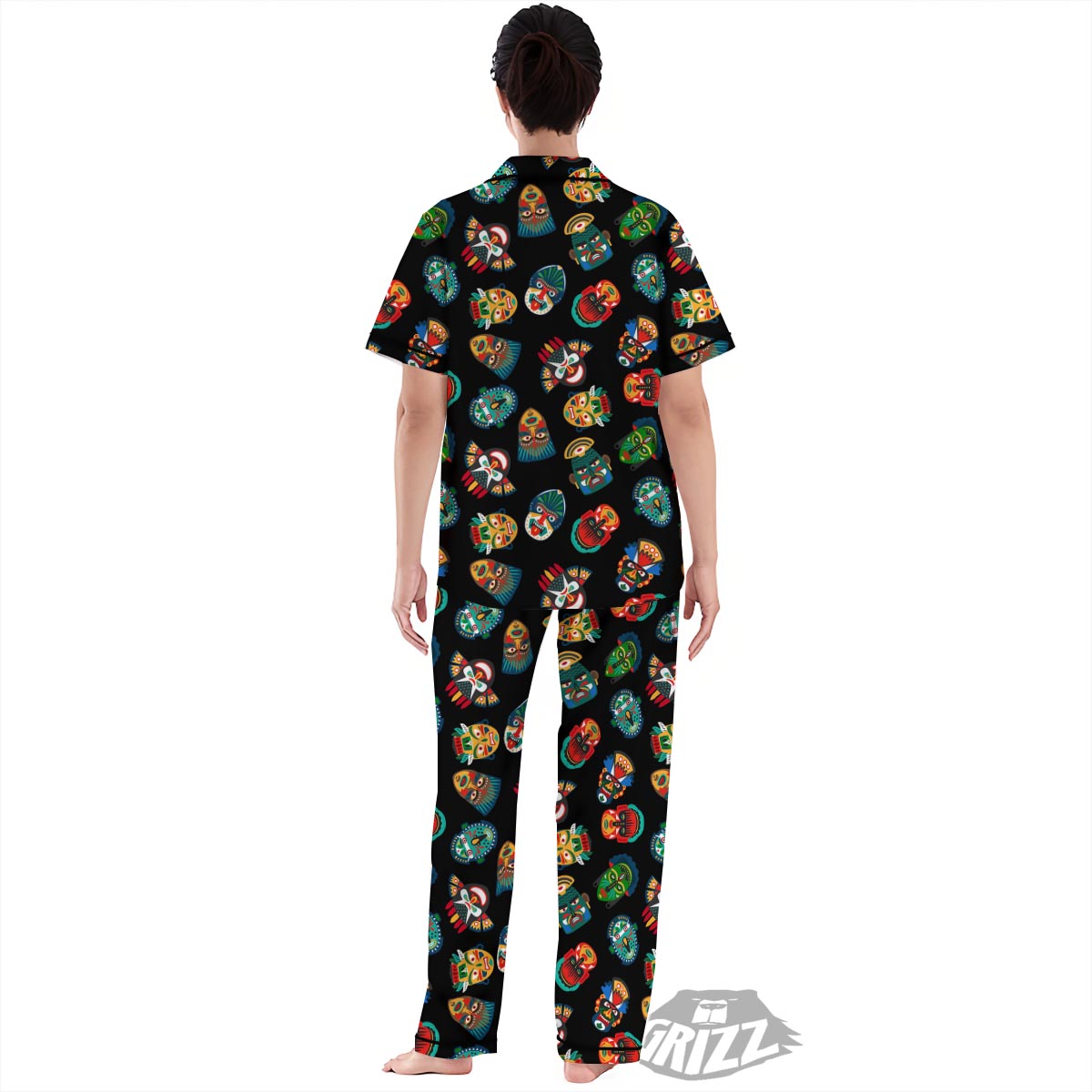Mask Tribal Tiki Print Pattern Women's Pajamas Set-grizzshop