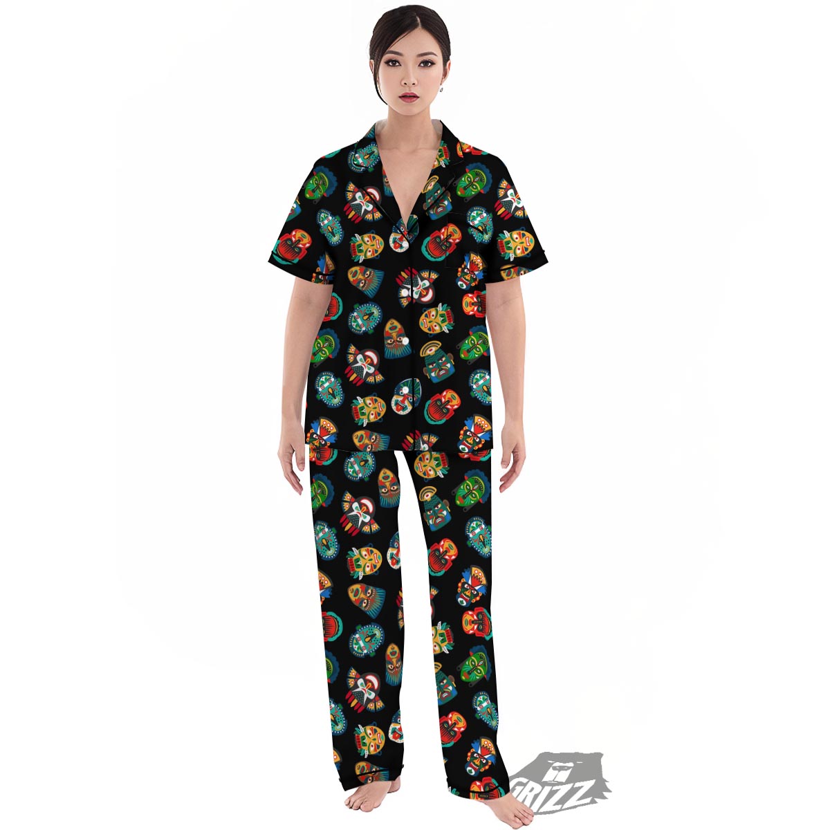 Mask Tribal Tiki Print Pattern Women's Pajamas Set-grizzshop