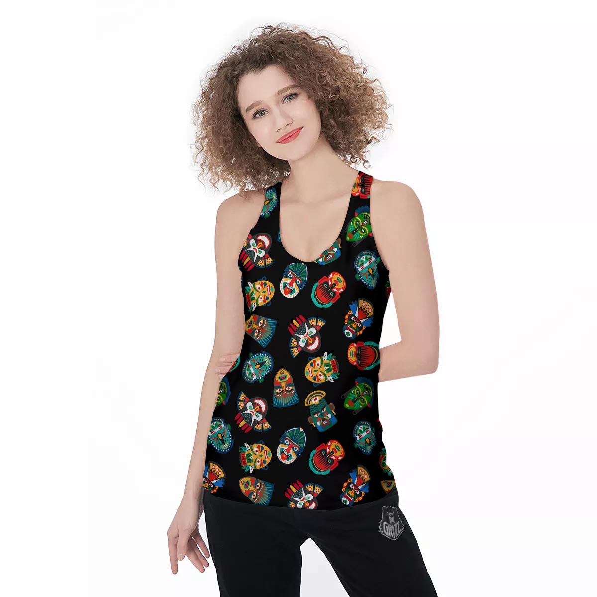 Mask Tribal Tiki Print Pattern Women's Racerback Tank Top-grizzshop