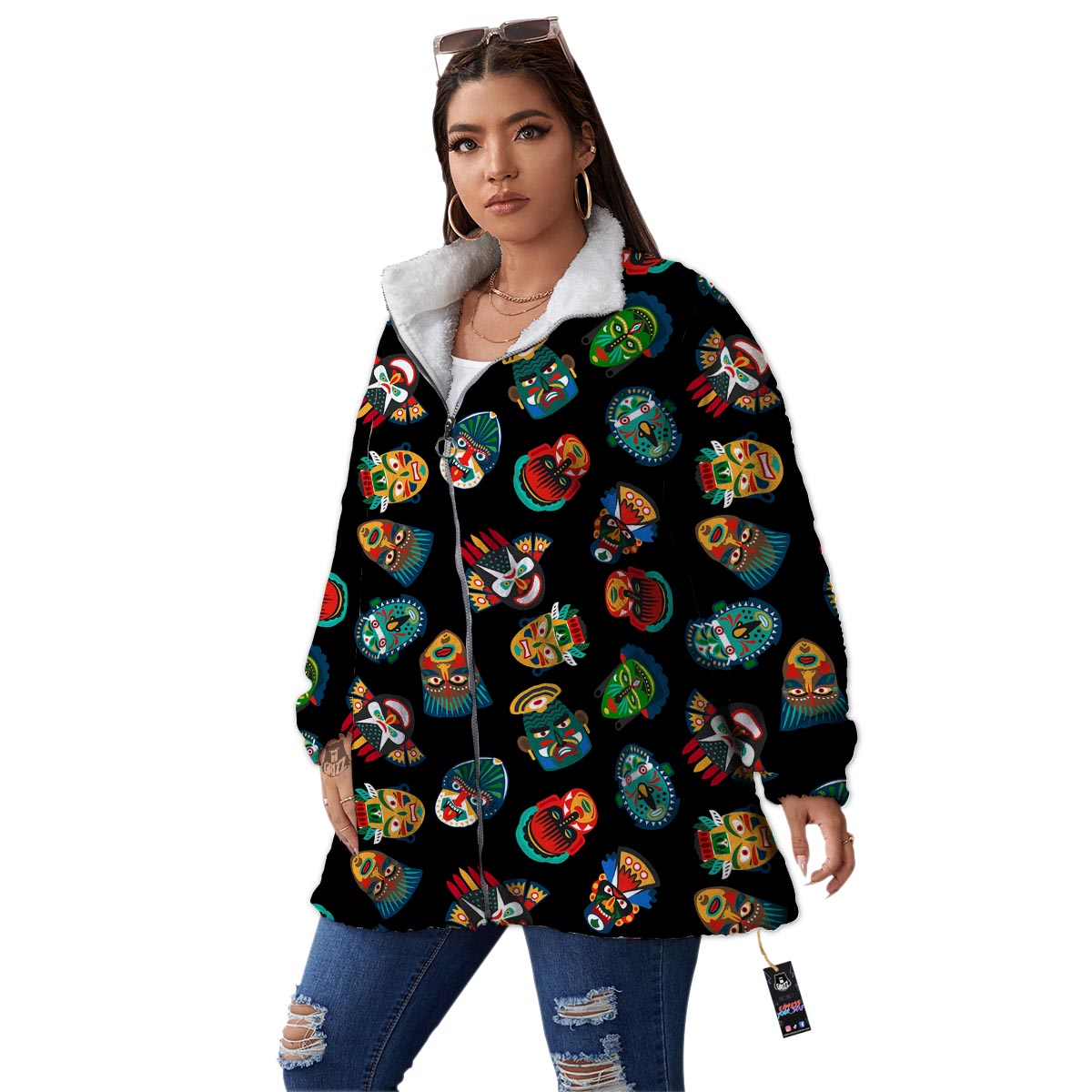 Mask Tribal Tiki Print Pattern Women's Sherpa Jacket-grizzshop