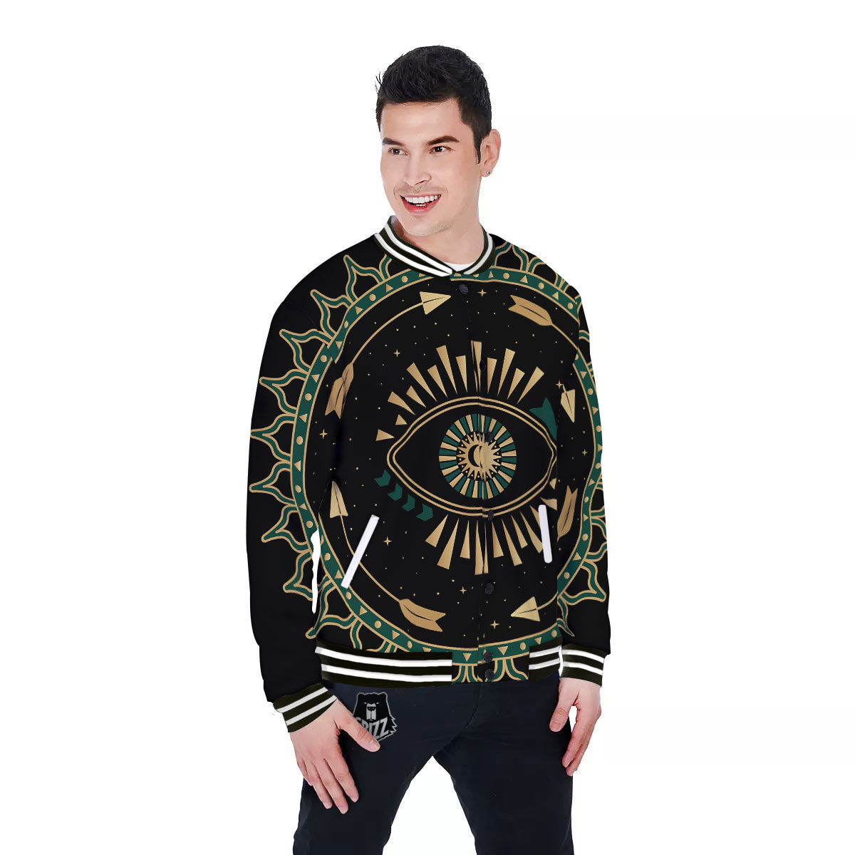 Masonic Eye Green Print Baseball Jacket-grizzshop