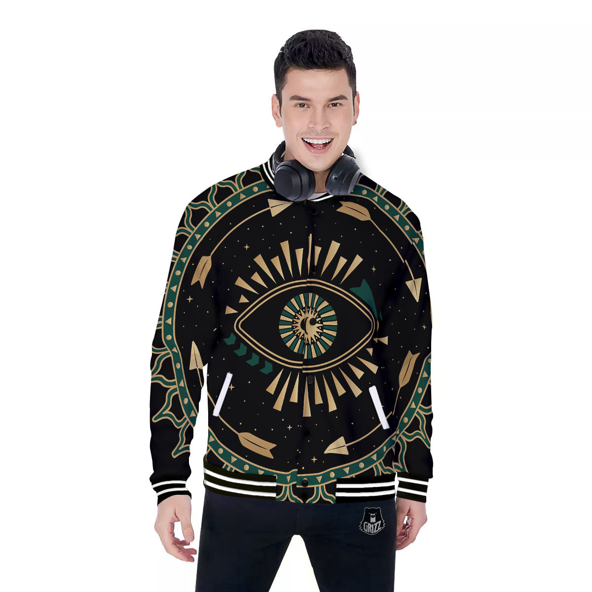 Masonic Eye Green Print Baseball Jacket-grizzshop