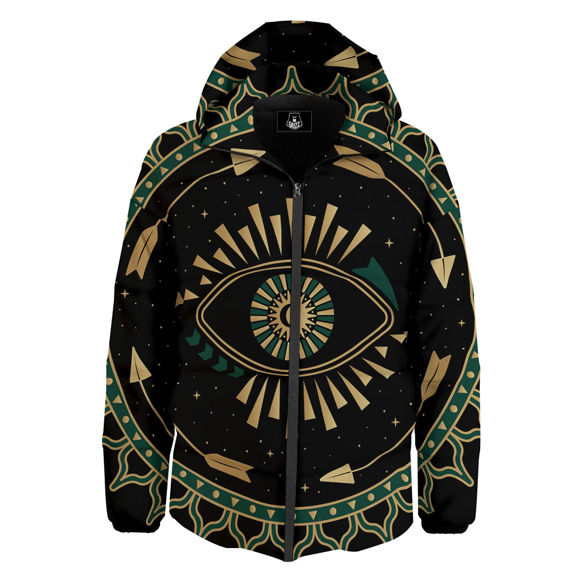 Masonic Eye Green Print Down Jacket-grizzshop